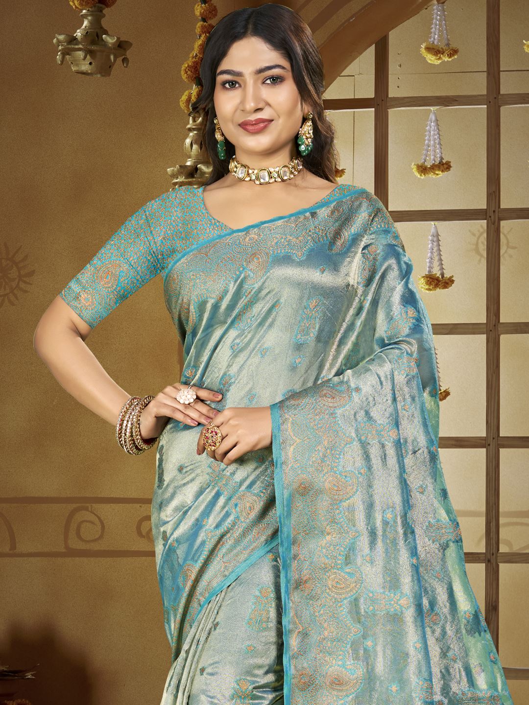 Firozi Color Festive Wear Silk Saree