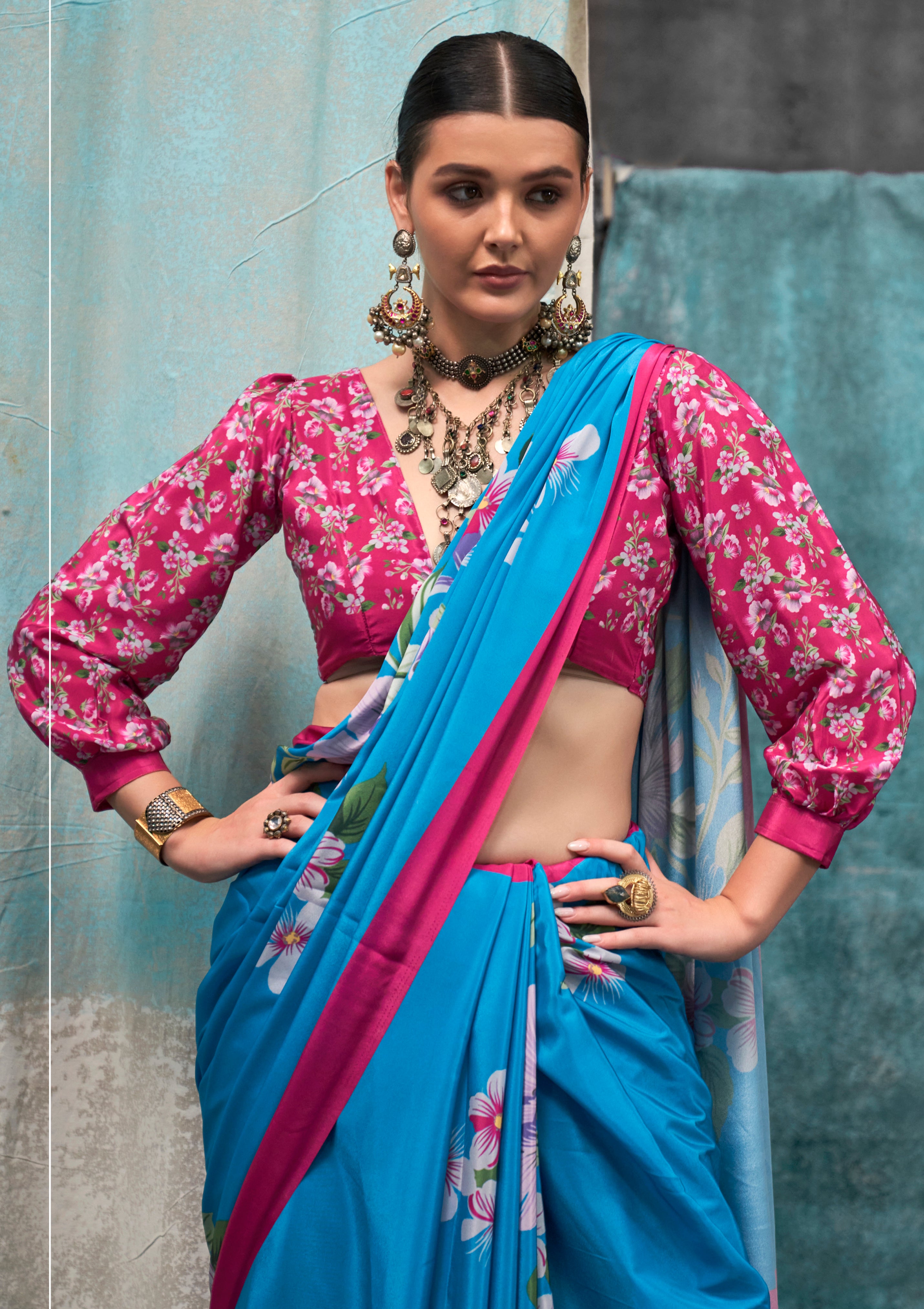 Firozi Crape Saree With Digital Print