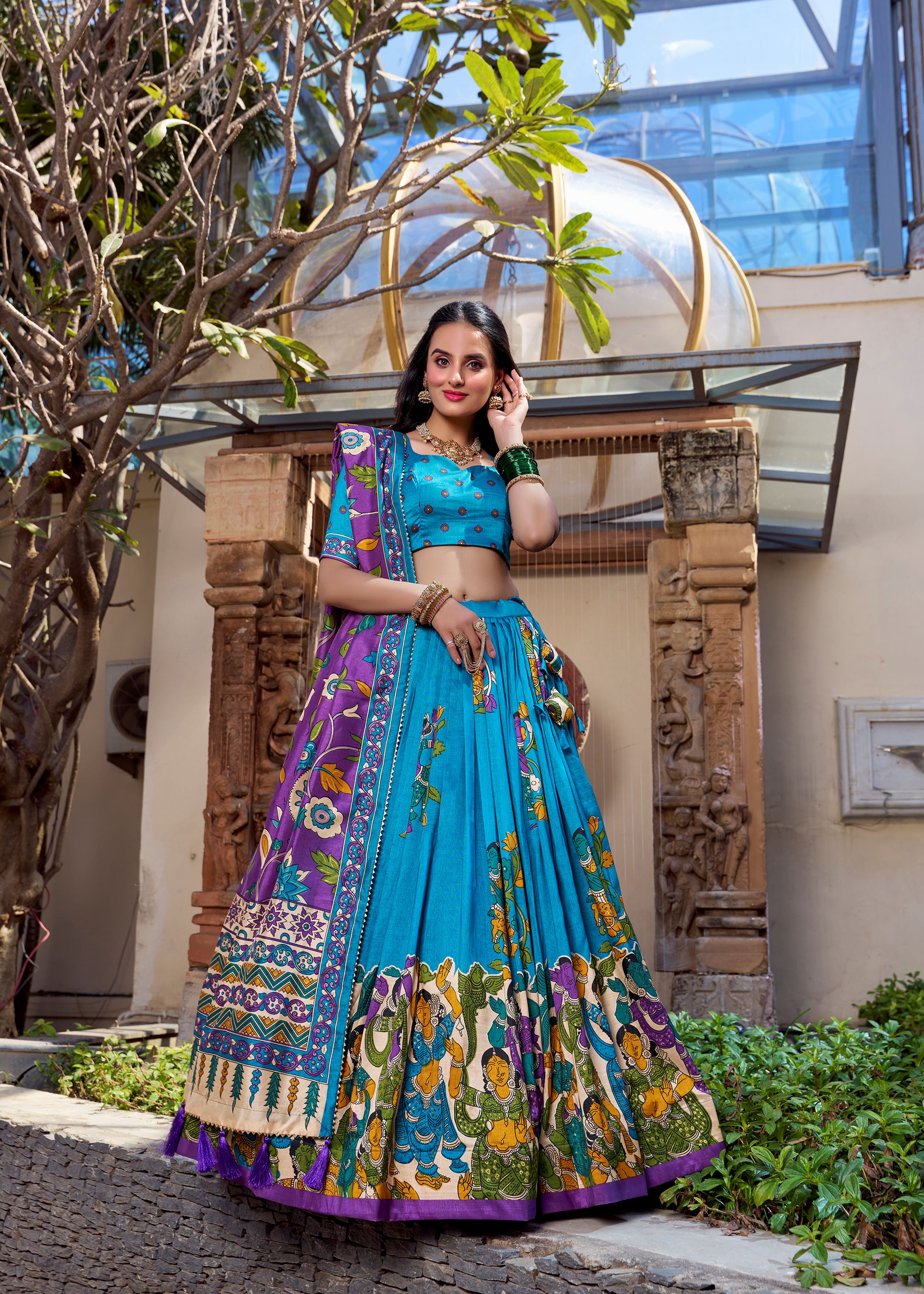 Firozi Elegance Tussar Silk Lehenga with Kalamkari Magic & Gota Patti Glam