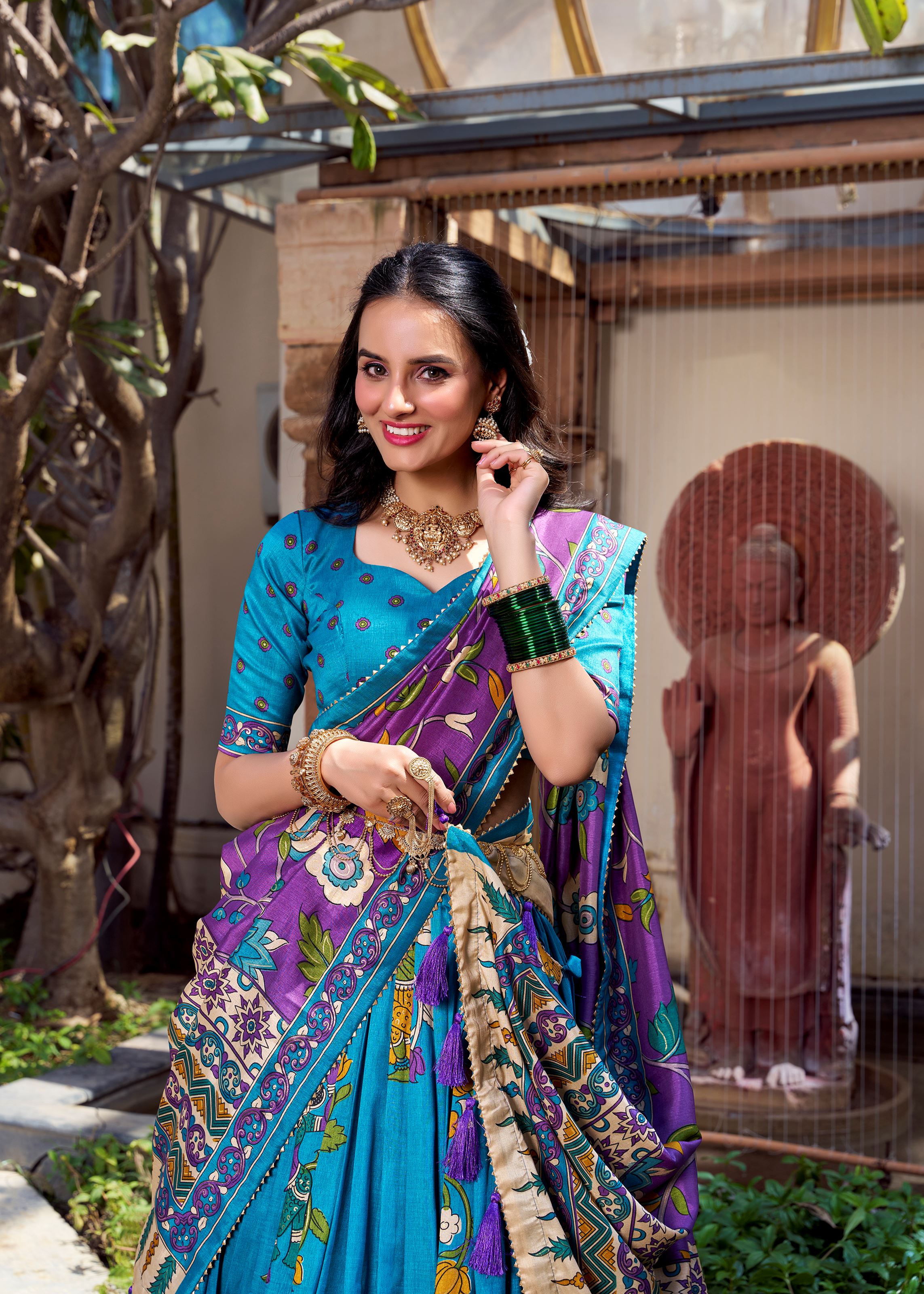 Firozi Elegance Tussar Silk Lehenga with Kalamkari Magic & Gota Patti Glam