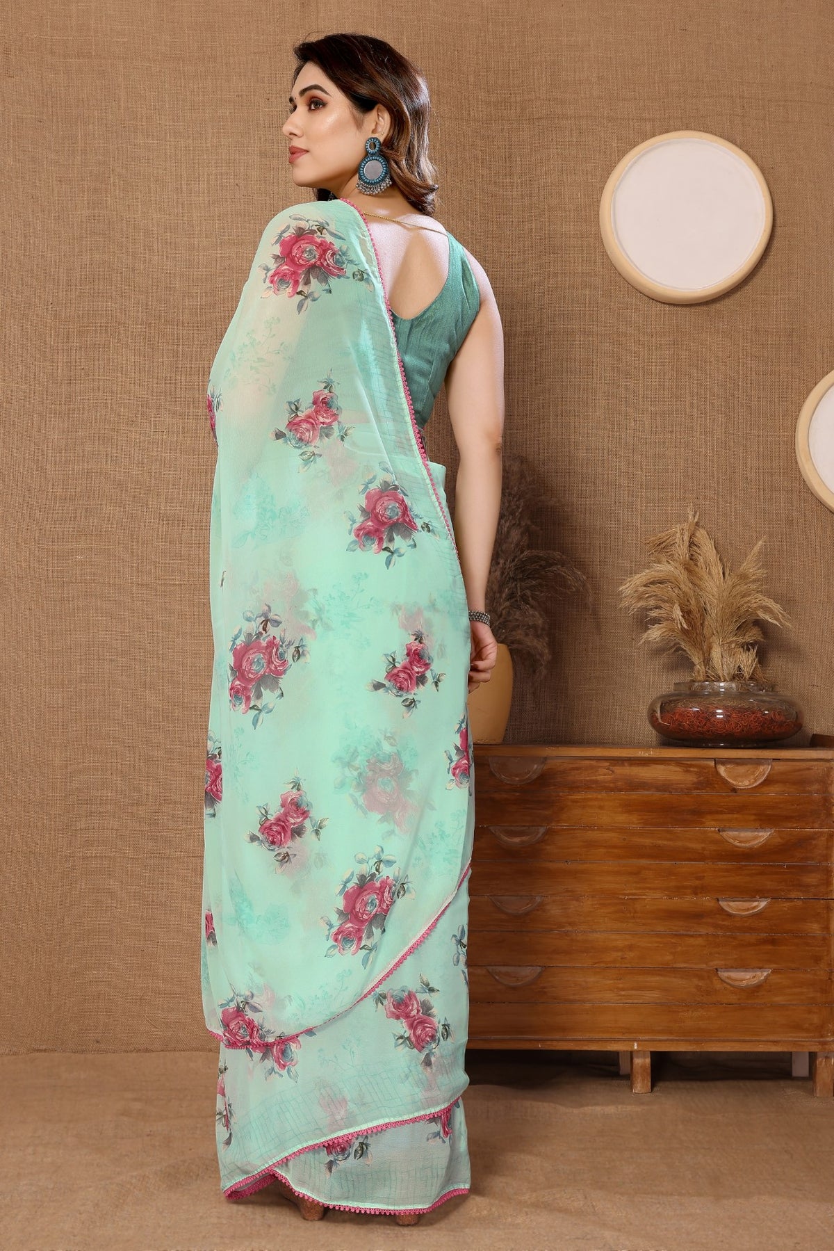 Firozi Georgette Ready-to-Wear Printed Saree with Lace