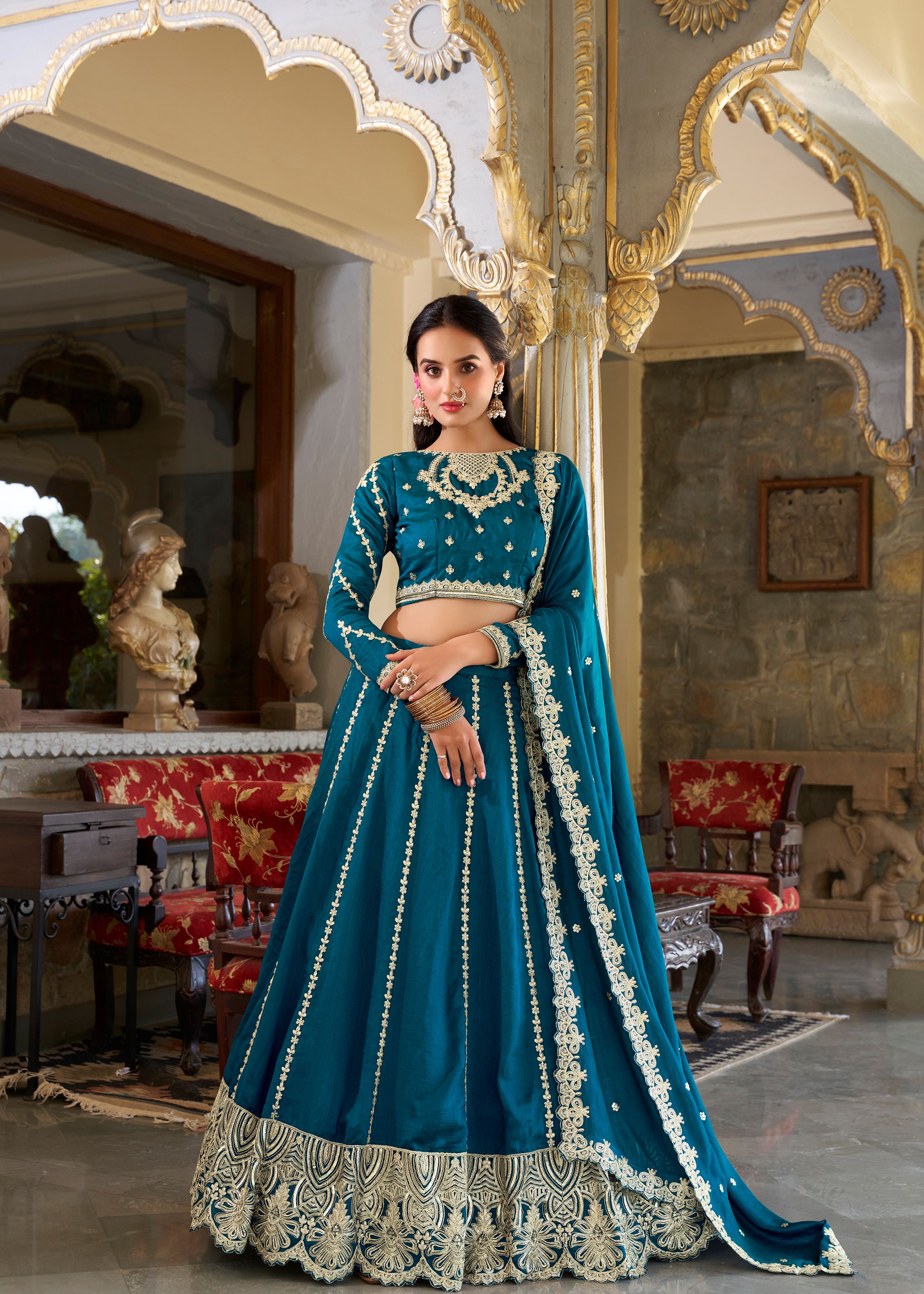Firozi Lehenga in Vichitra Silk with Intricate Thread Work