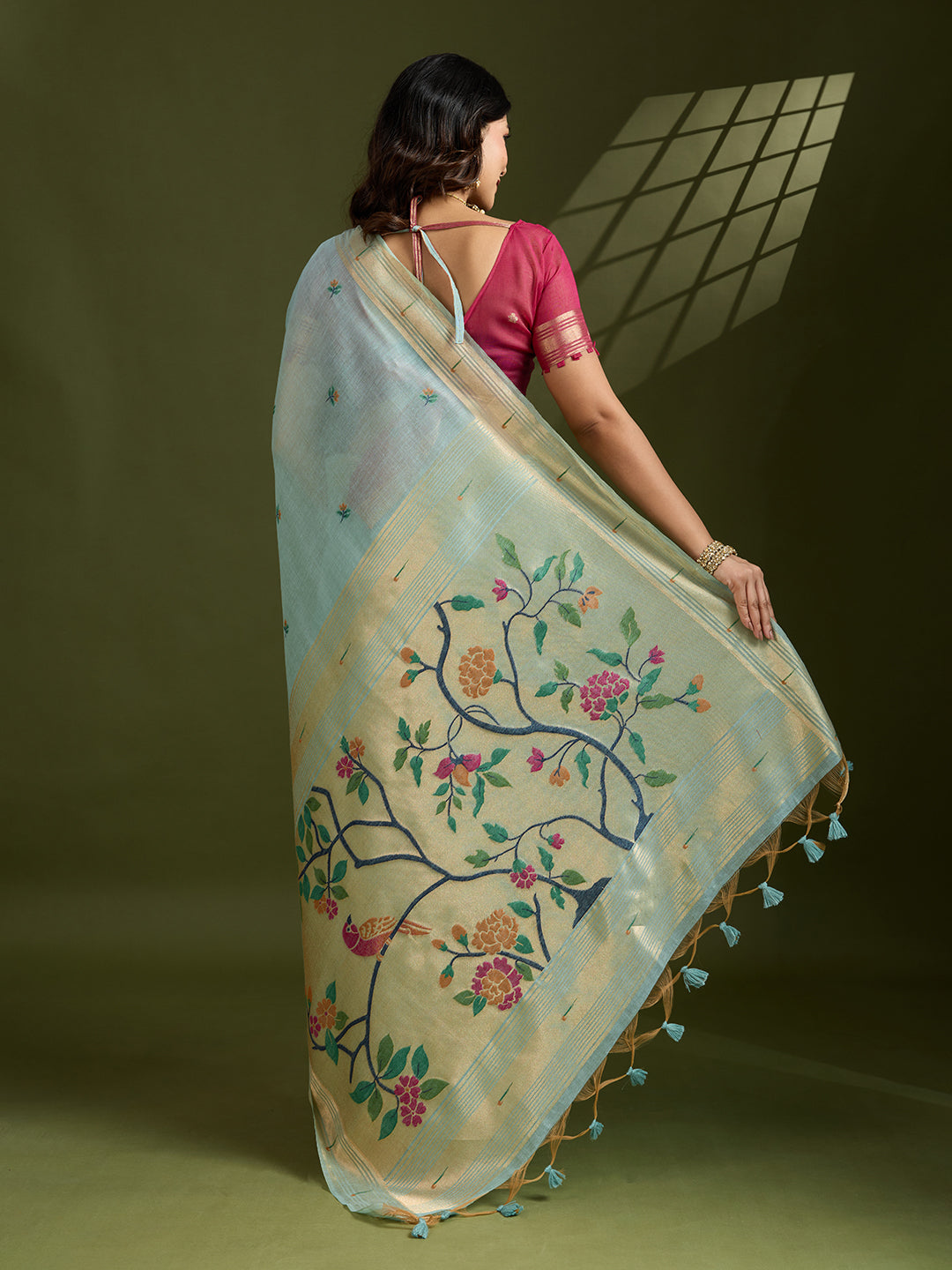 Firozi Muga Cotton Saree with Flower Butti and Paithani Pallu
