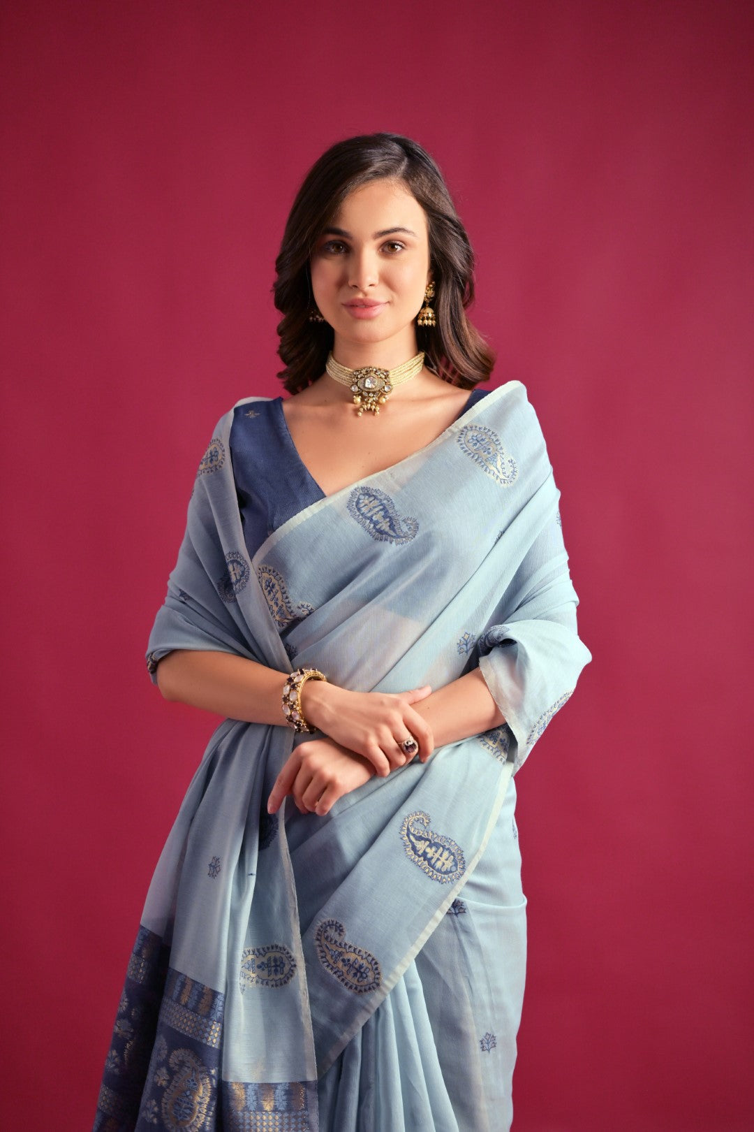 Firozi Mul Cotton Saree with Keri Pallu and Butti Weaves