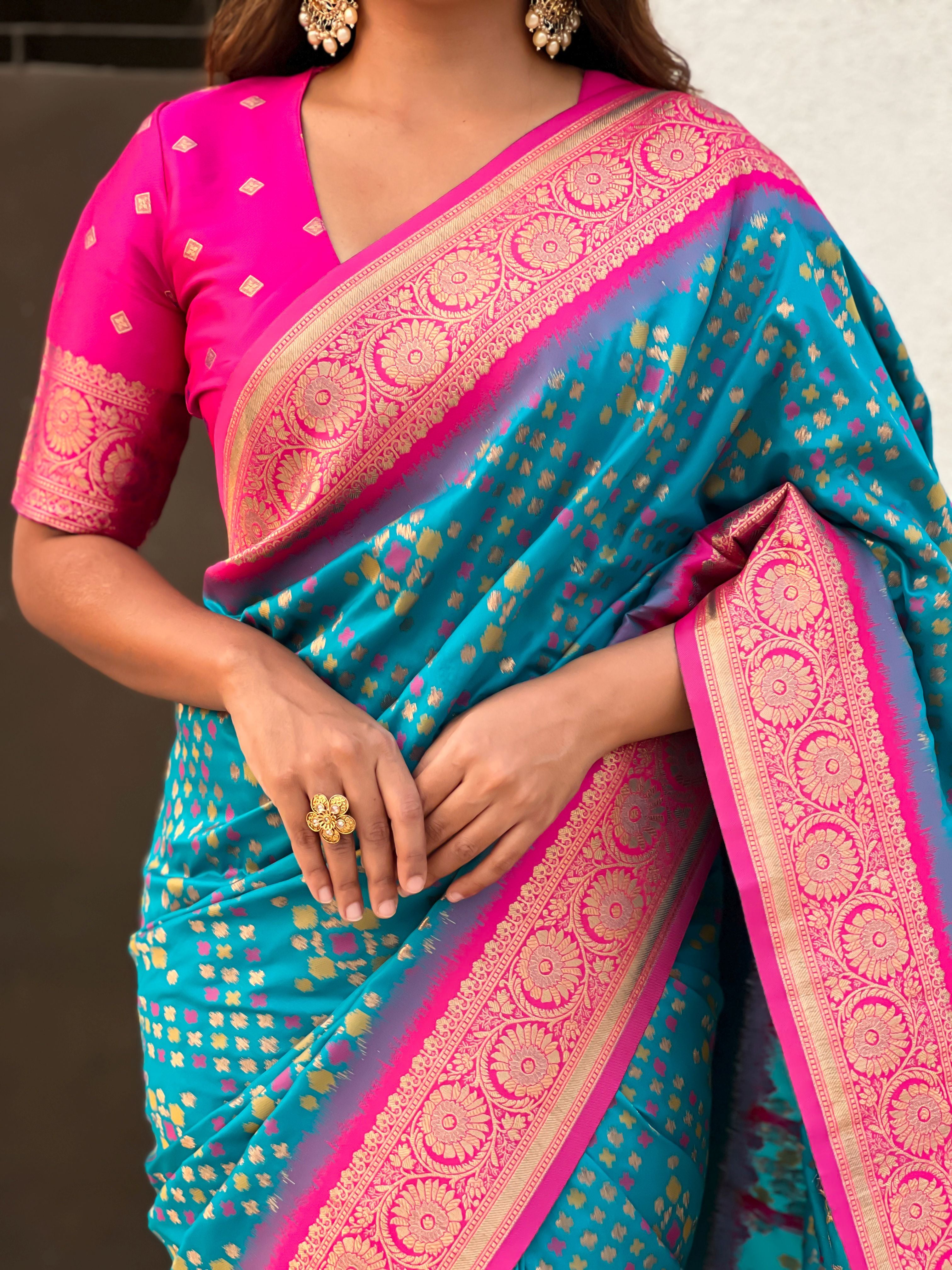 Firozi Patola Silk Weaving Ikkat Meenakari Designer Graceful Ceremonial Saree