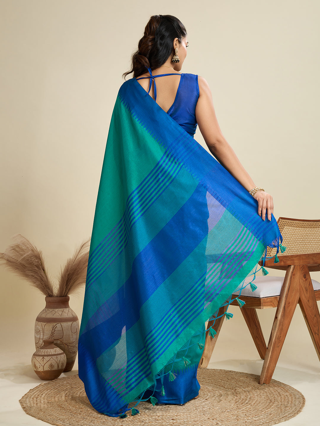 Firozi Raw Silk Saree with Temple Border and Striped Pallu