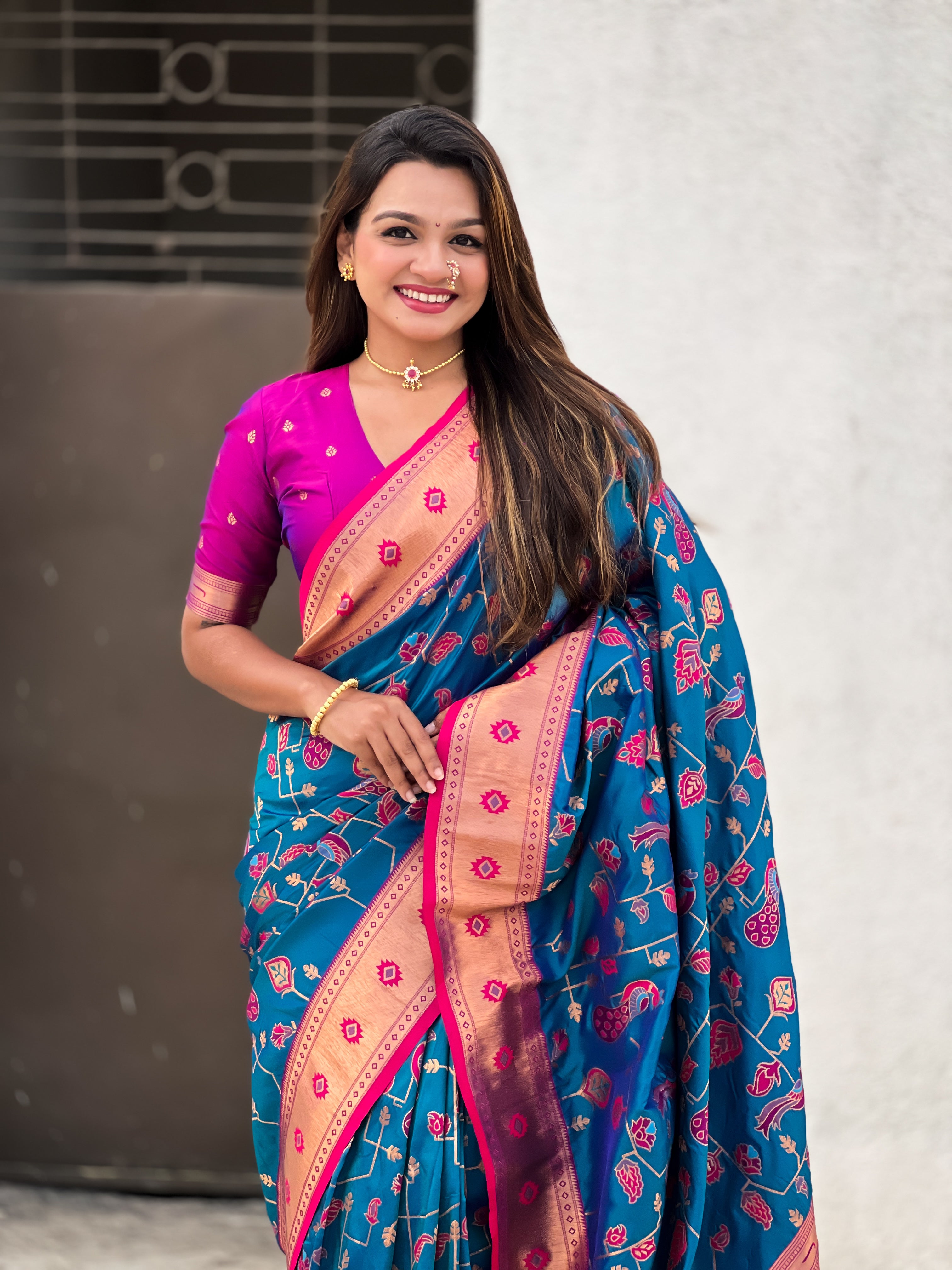 Firozi Soft Silk Fabri Woven Paithani Meenakari Designer Ceremonial Saree