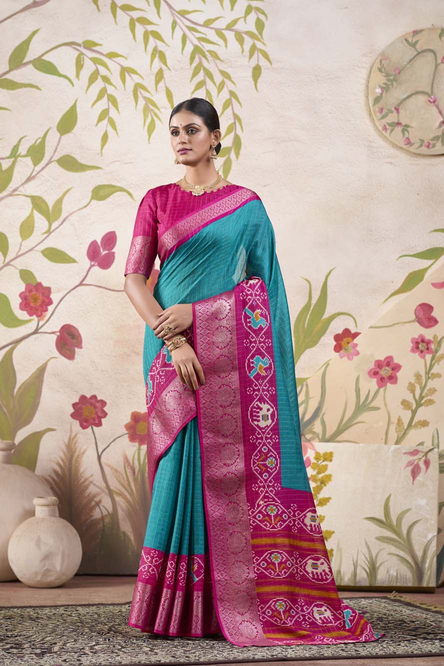 Firozi Tussar Chex Saree with Patola Print & Weaving Border