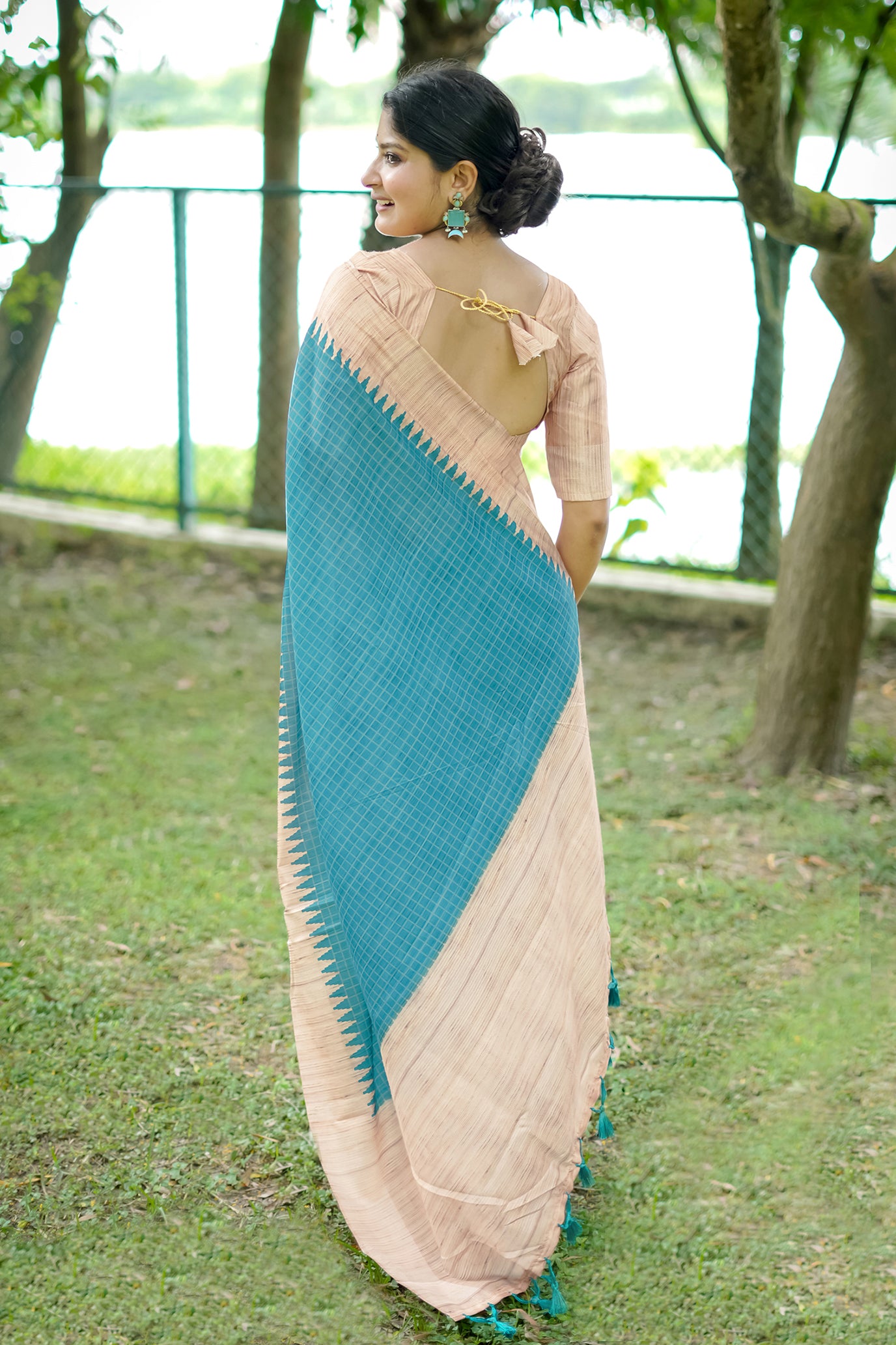 Firozi Tussar Silk Saree with Checks and Contrast Pallu