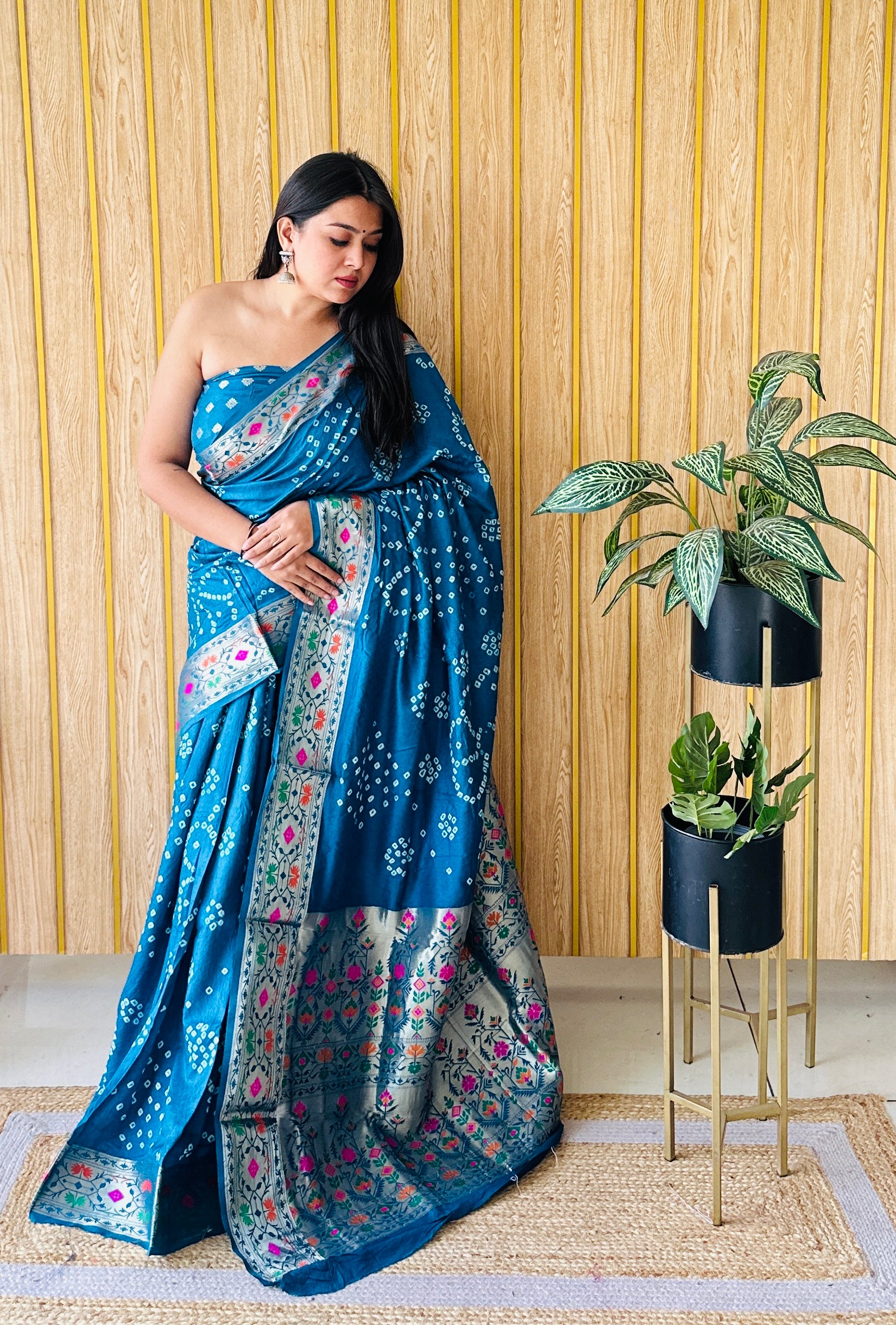 Firozi Woven Paithani Designer With Bandhej Printed Beautiful Ceremonial Saree