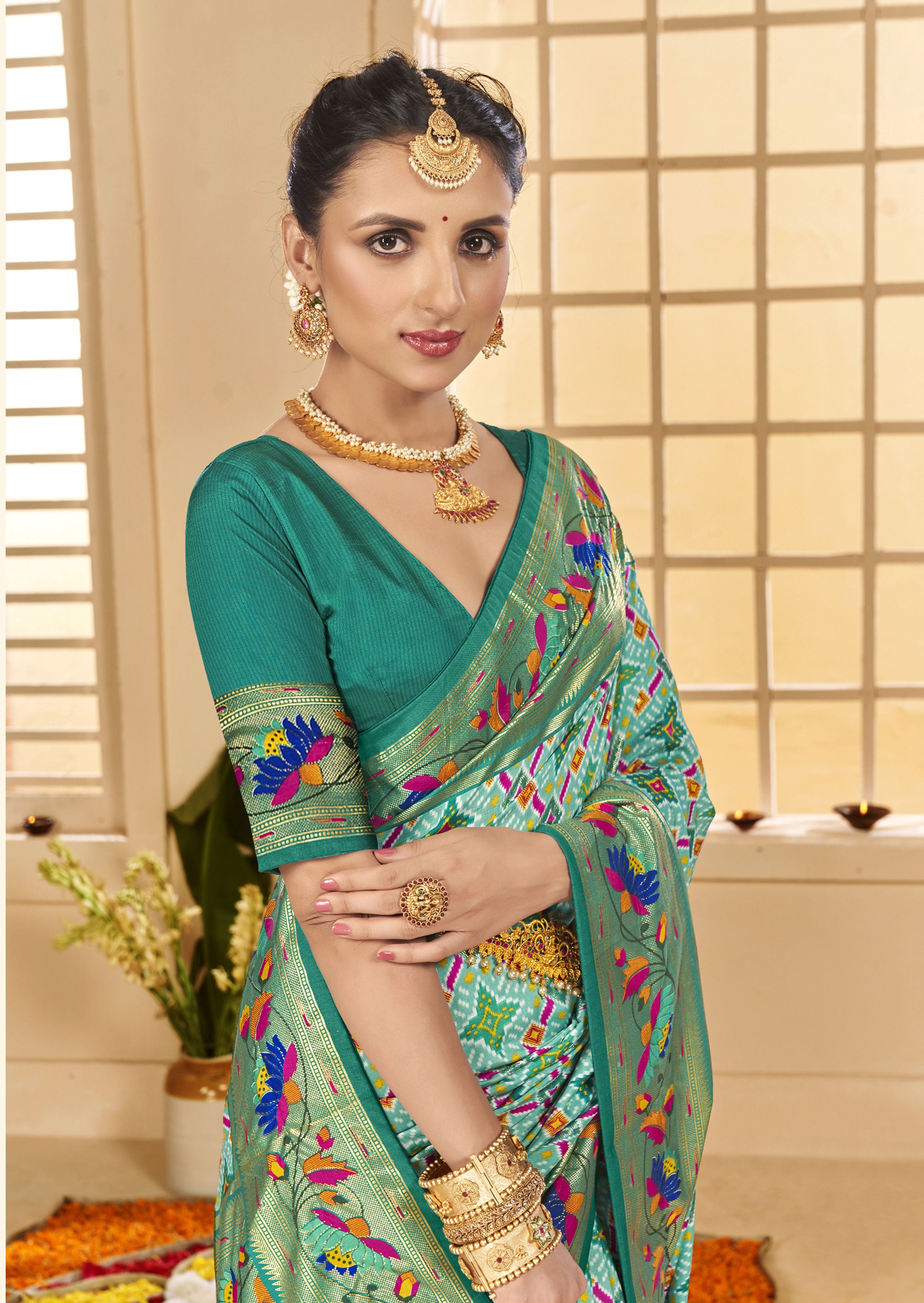 Fountain Blue Ethnic Woven Border Designer With Ikkat Printed Cotton Silk Saree