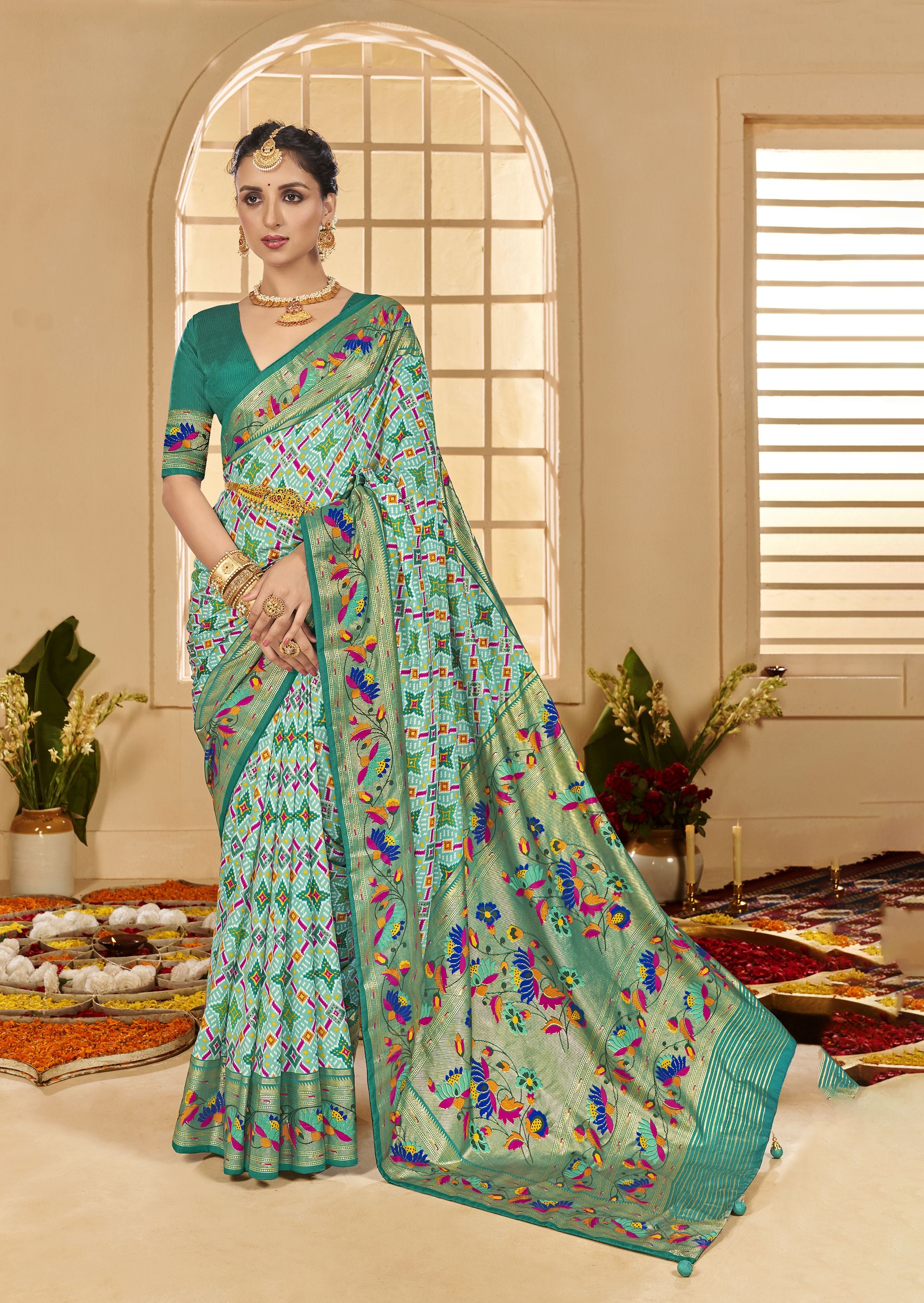 Fountain Blue Ethnic Woven Border Designer With Ikkat Printed Cotton Silk Saree