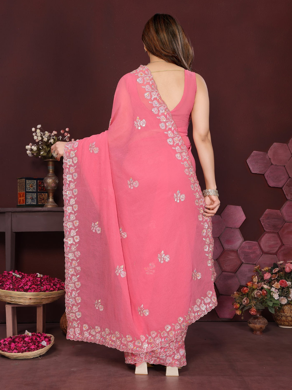 Gajari Georgette Saree With Embroidery Work And Designer Blouse