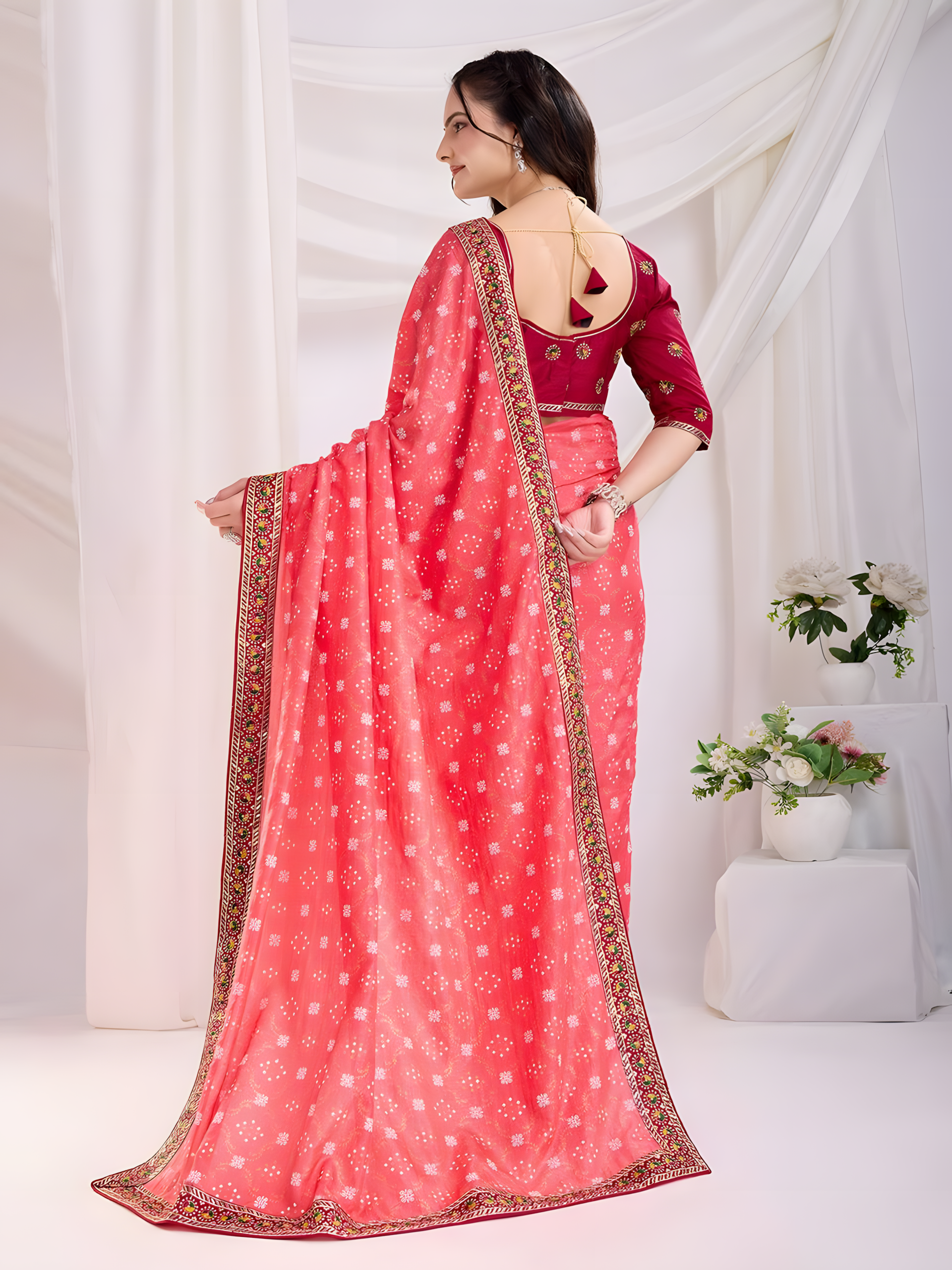 Gajari Vichitra silk Saree with Golden Foil bandhani print with embroidery work lace Work