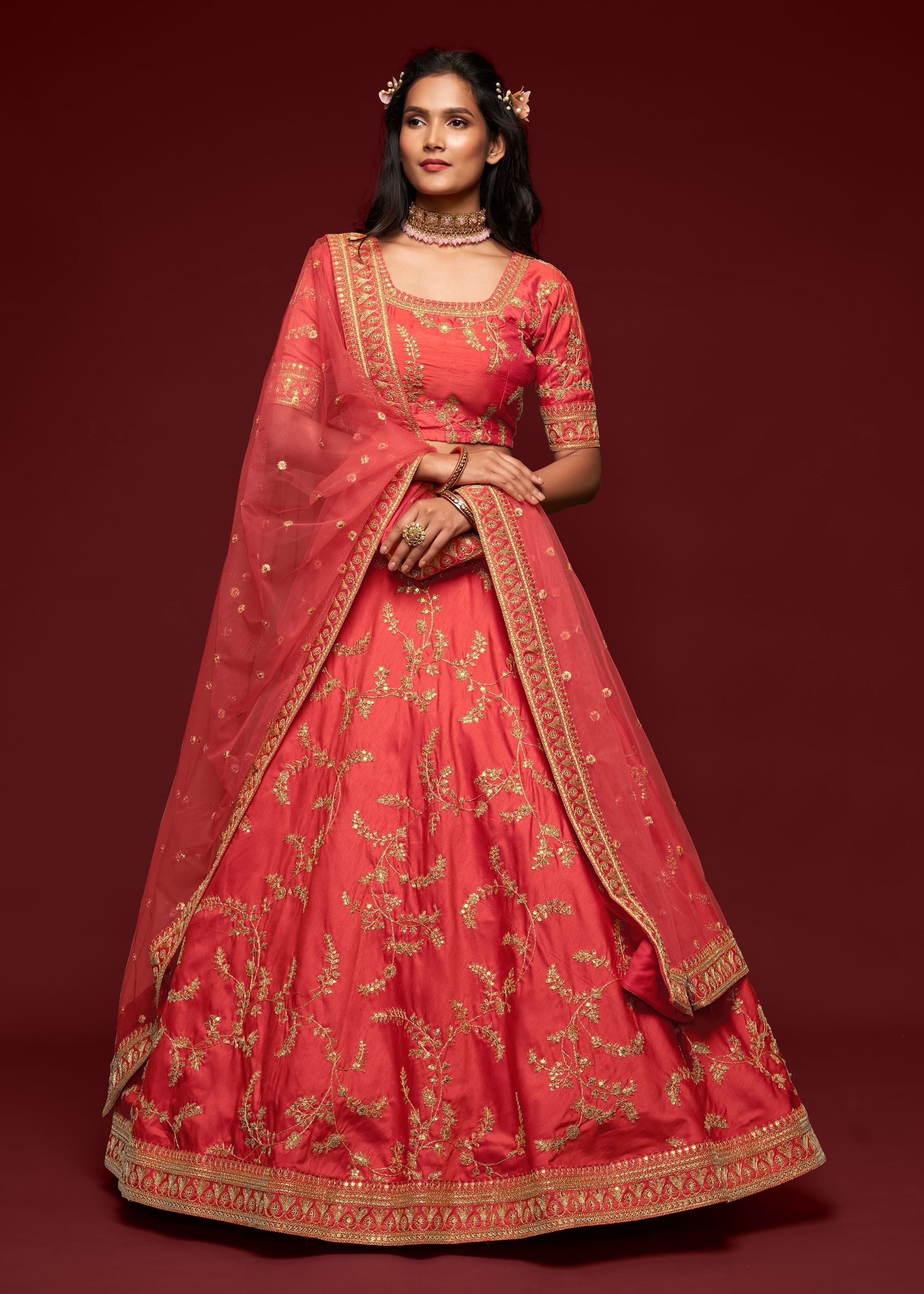 Gajri Art Silk Lehenga Choli With Thread, Zari, Dori and Sequins Embroidery Work