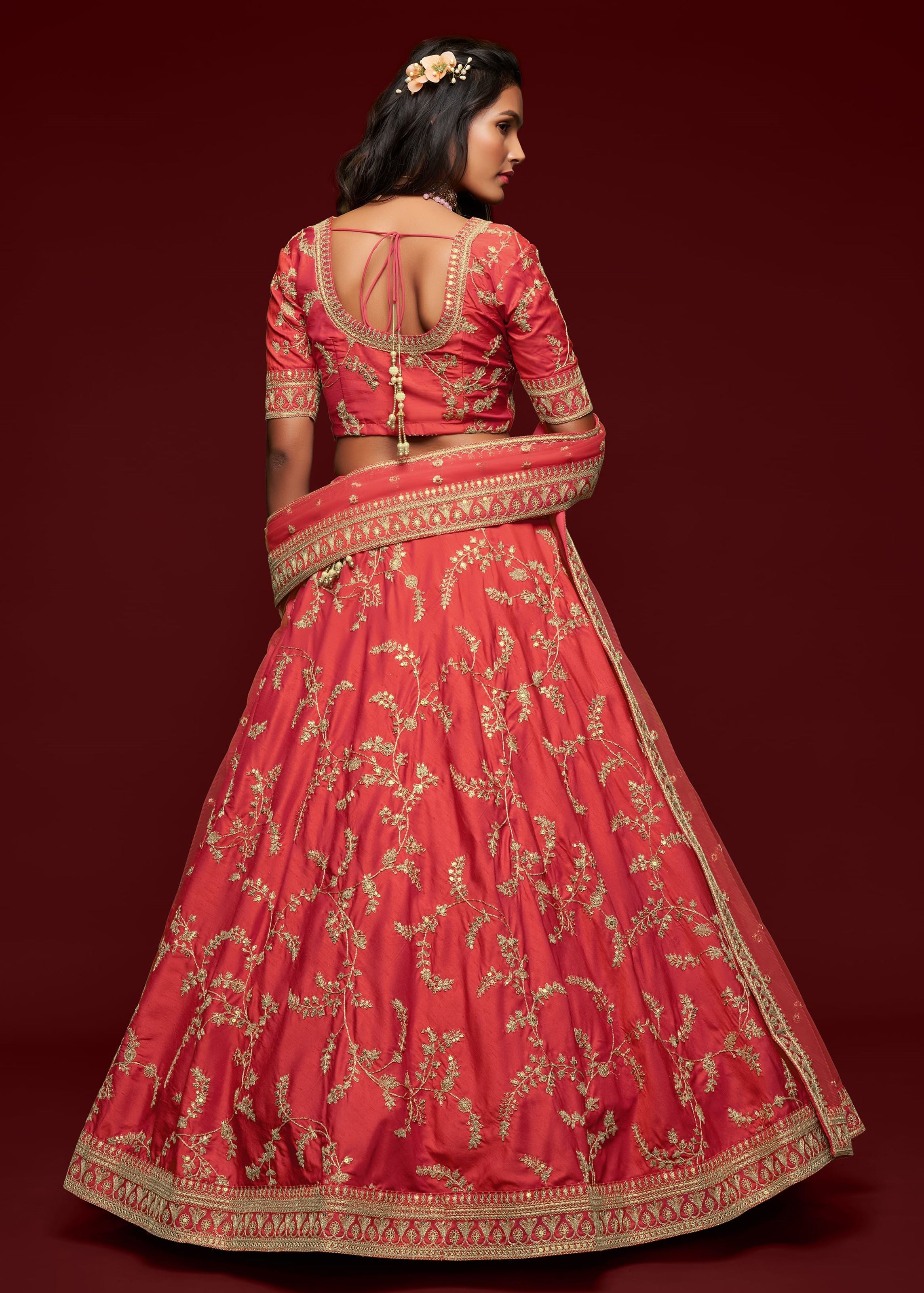 Gajri Art Silk Lehenga Choli With Thread, Zari, Dori and Sequins Embroidery Work