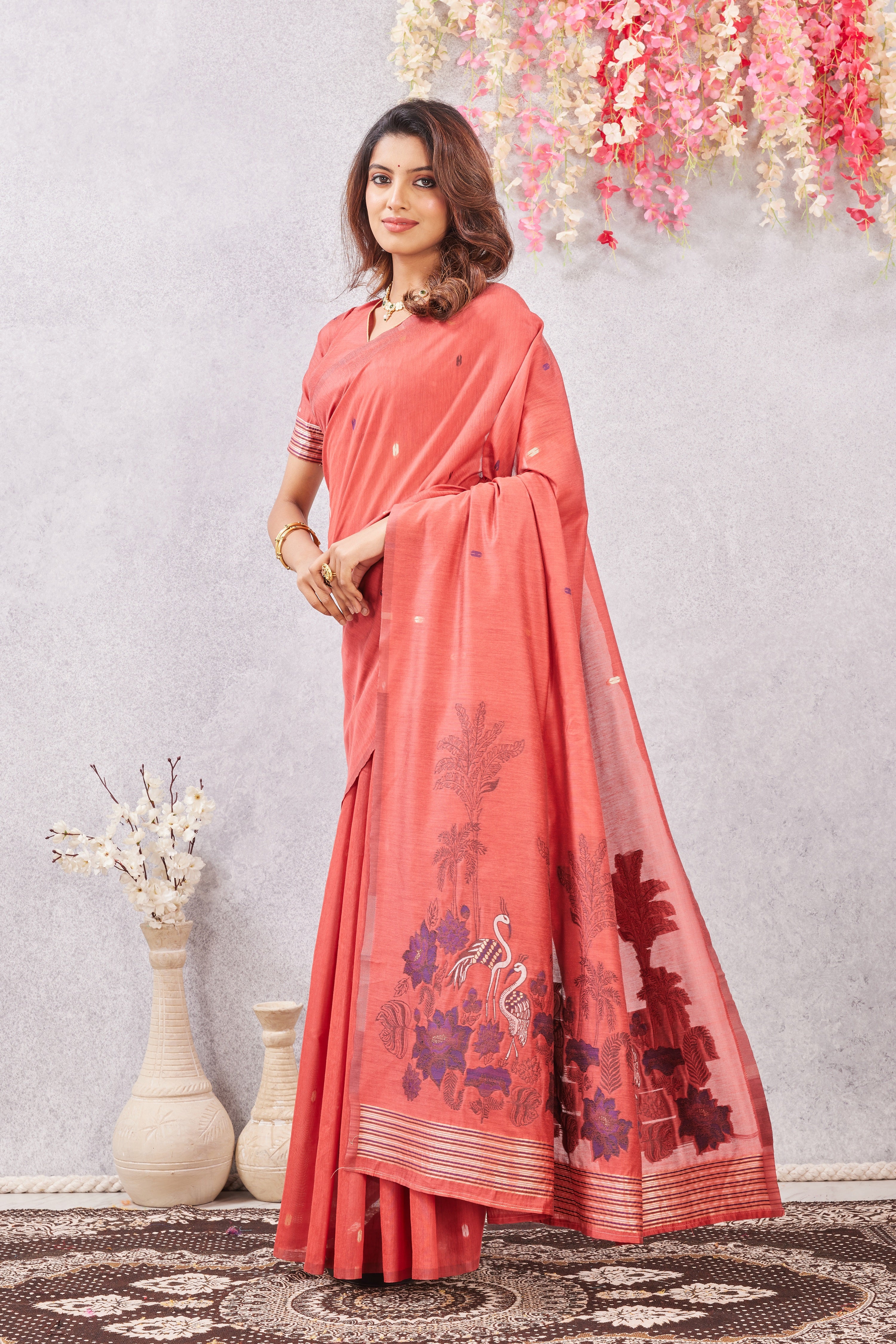 Gajri Linen Cotton Saree with Ethnic Motif Design & Rich Jacquard Pallu