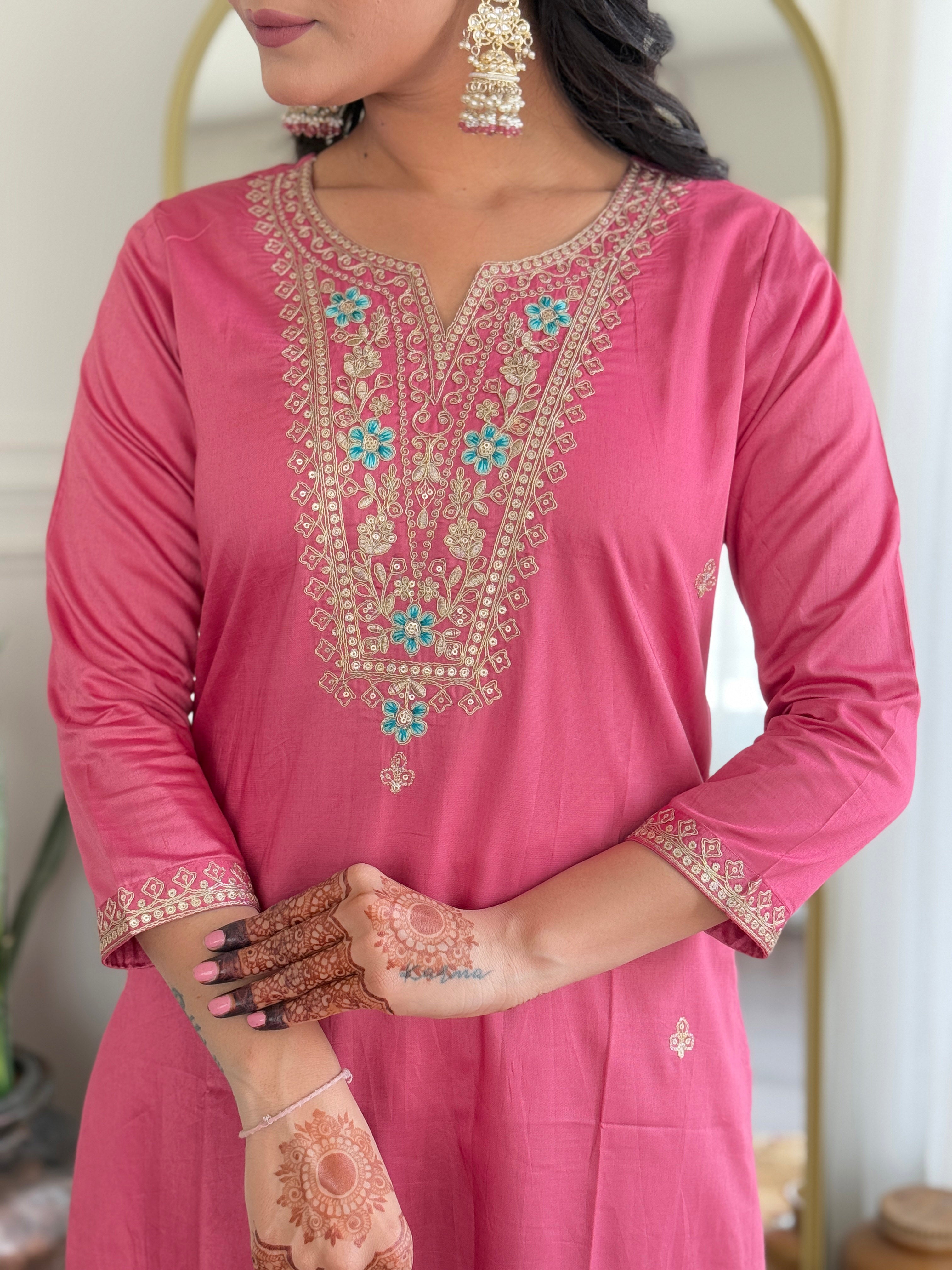 Gajri Viscose Silk Elegant Kurta Pant Set With Embroidery Work