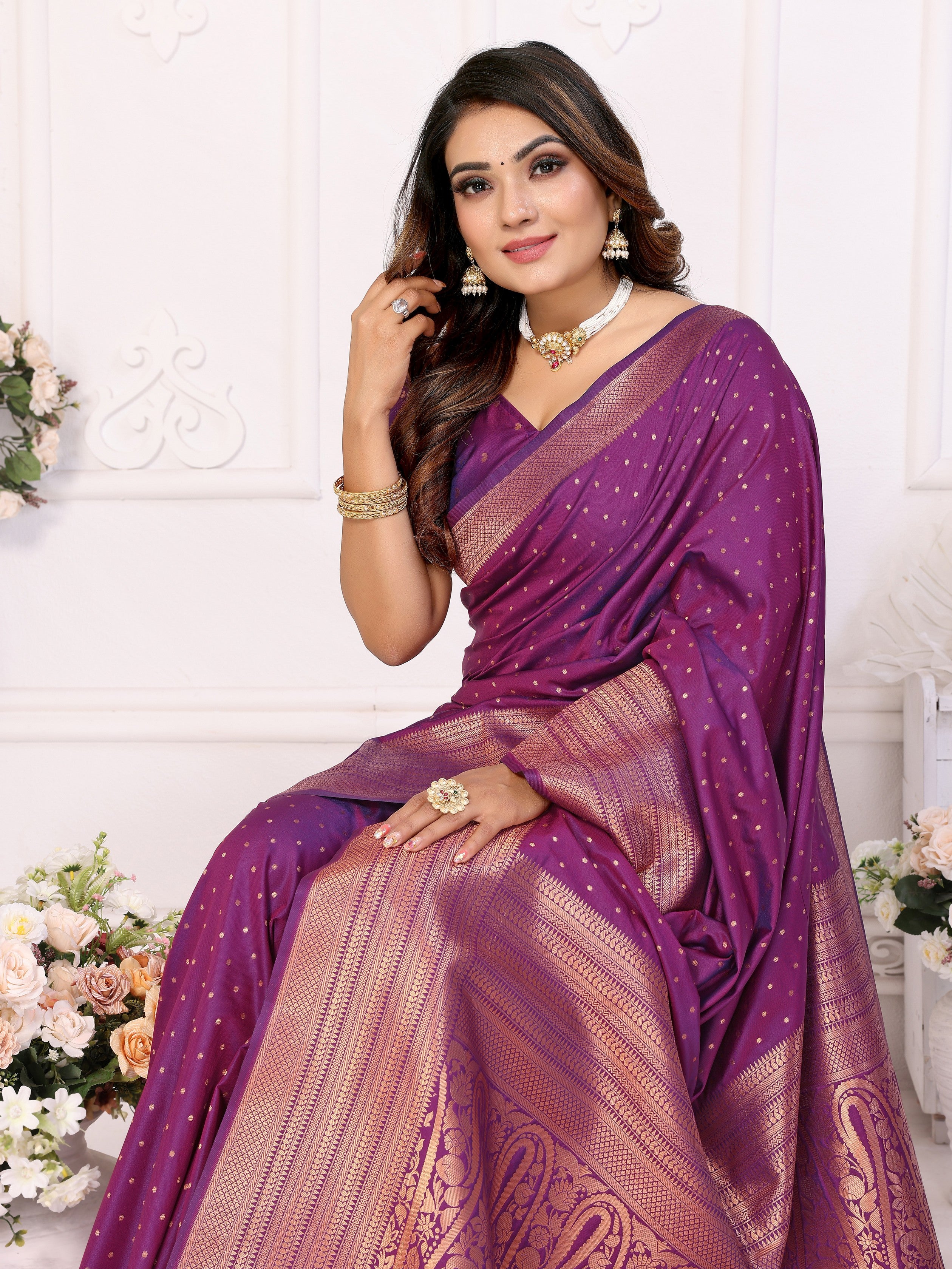 Girlie Woven Jari Designer Soft Silk Saree In Purple