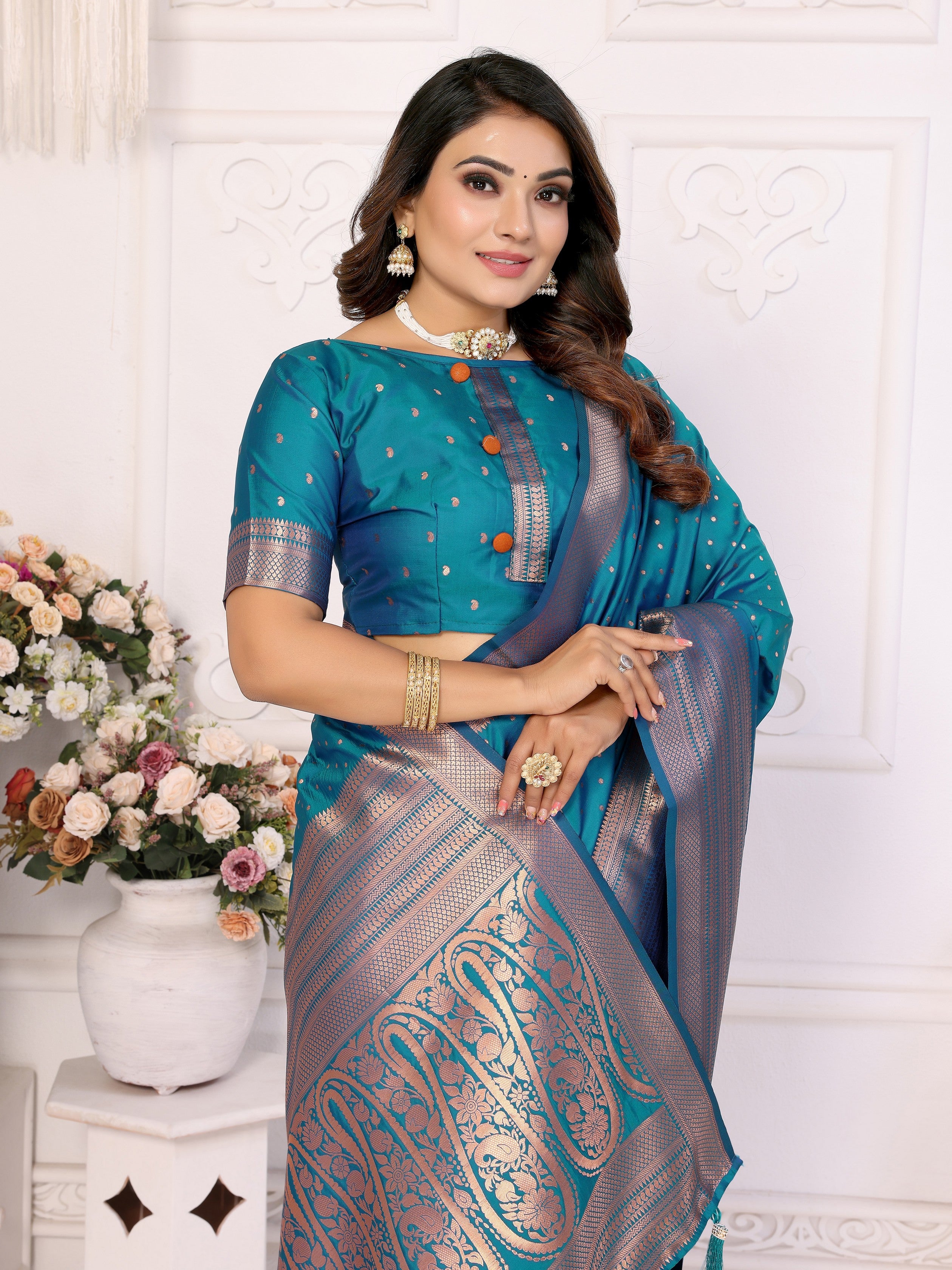 Girlie Woven Jari Designer Soft Silk Saree In Teal Blue