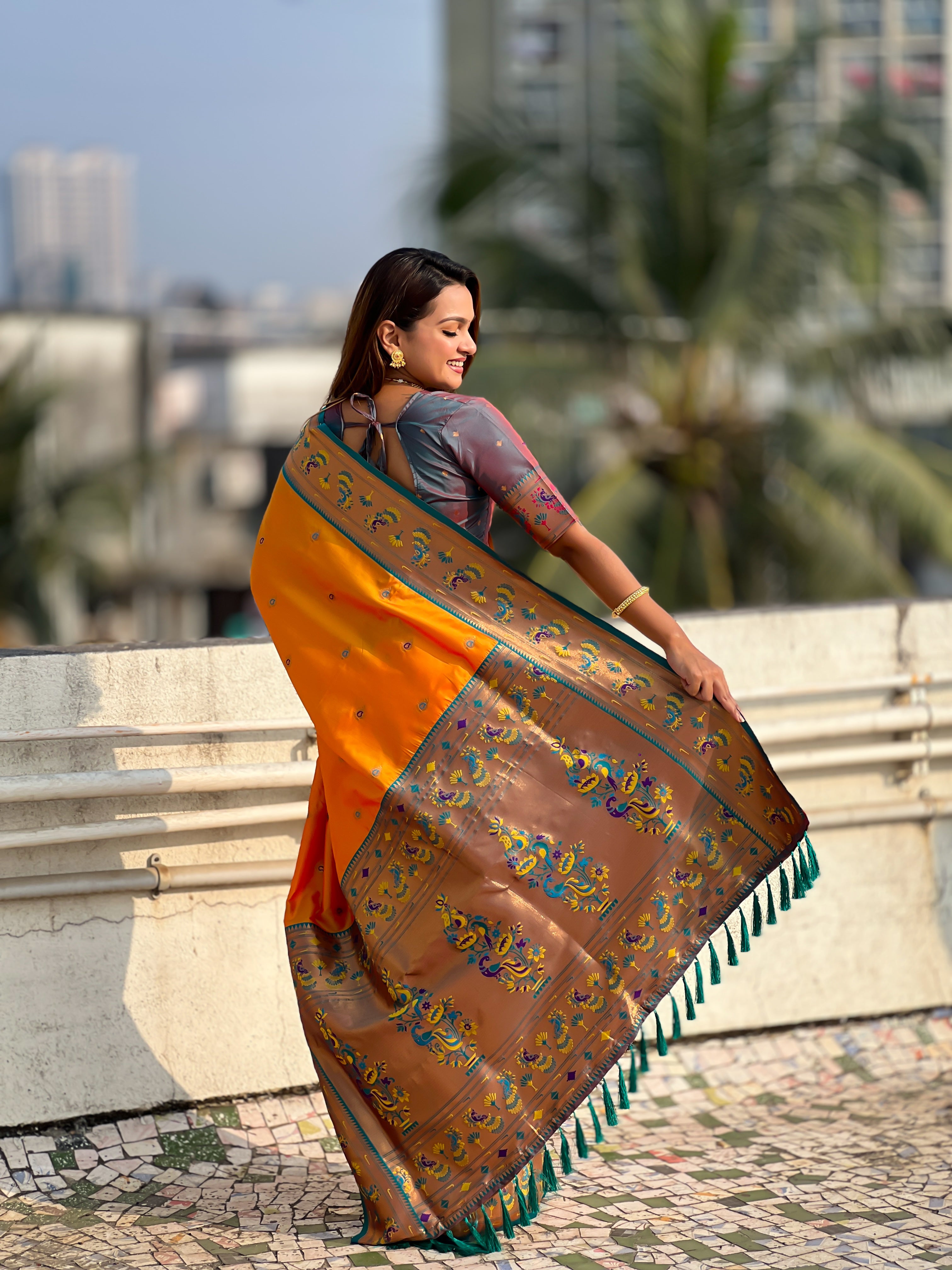 Glamorous Weaving Meenakari Designer Soft Silk Ethnic Partywear Orange Saree