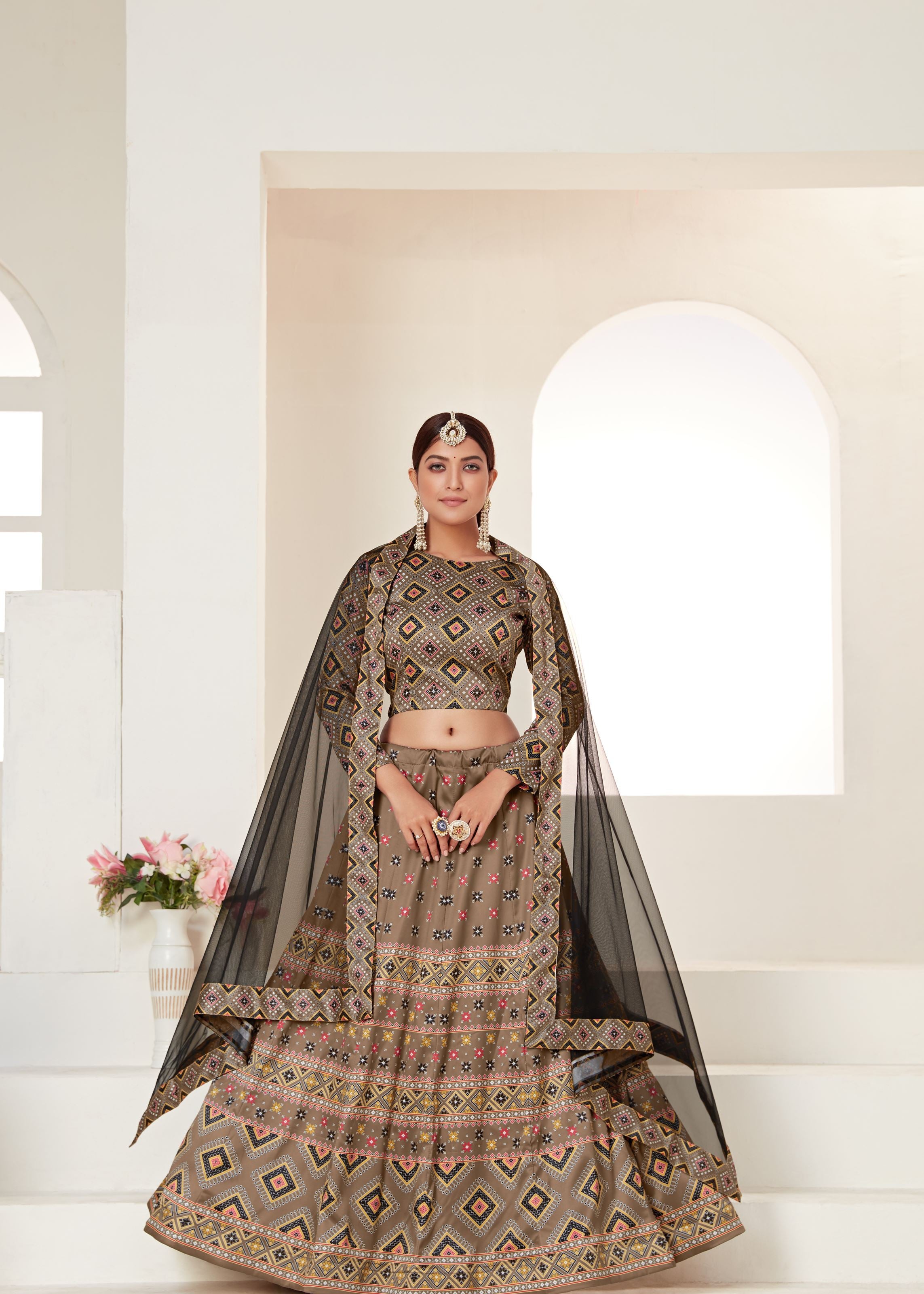Gold Ajmeri Silk Lehenga Choli With Digital Print