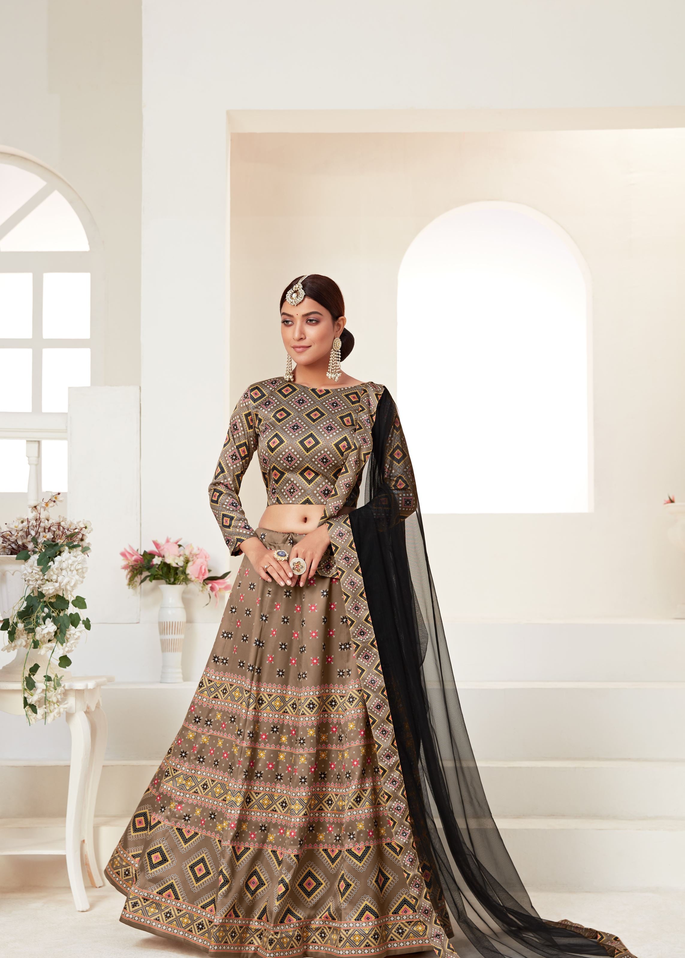 Gold Ajmeri Silk Lehenga Choli With Digital Print