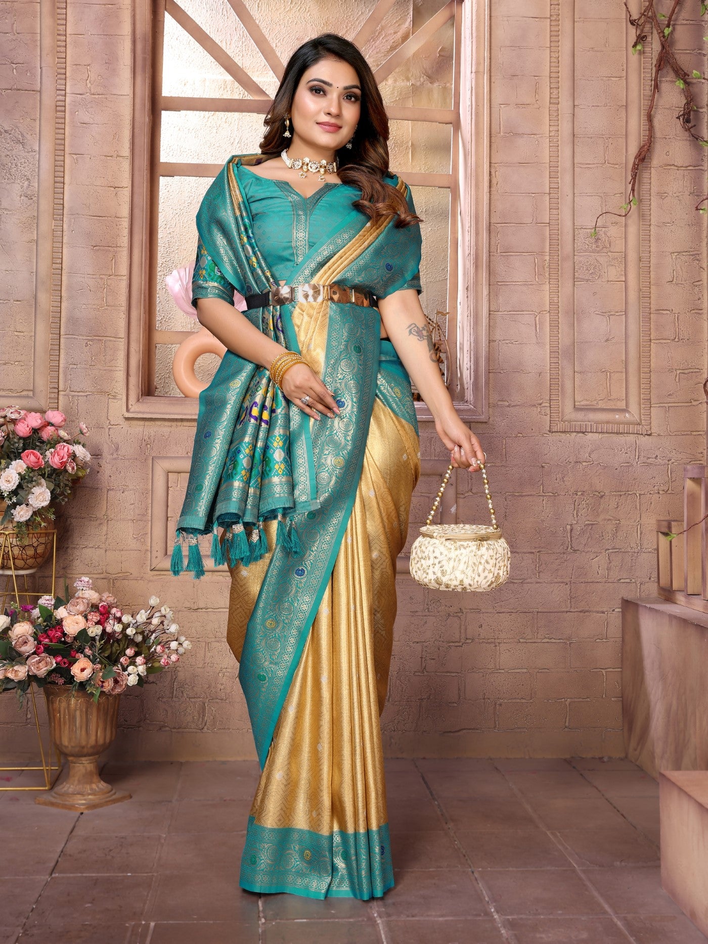 Gold Banarasi Tissue Silk Saree With Traditional Weaving