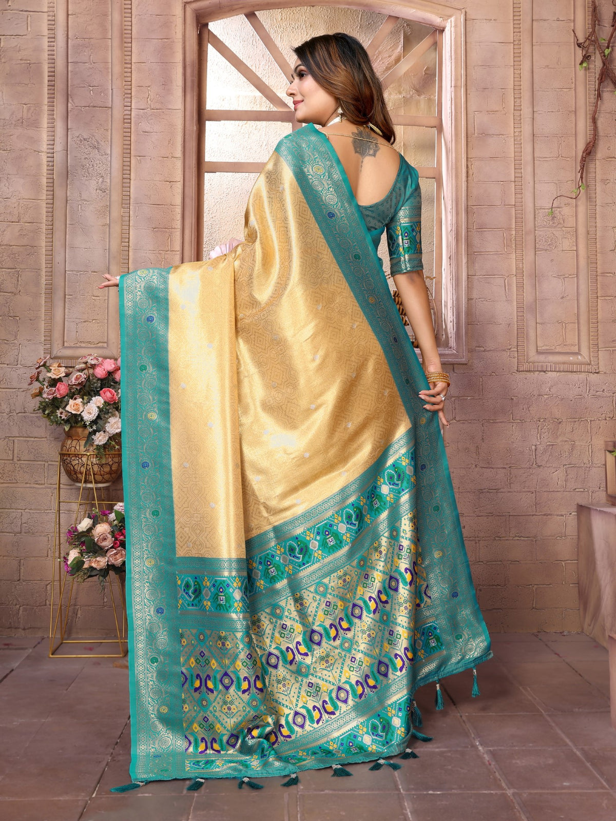 Gold Banarasi Tissue Silk Saree With Traditional Weaving