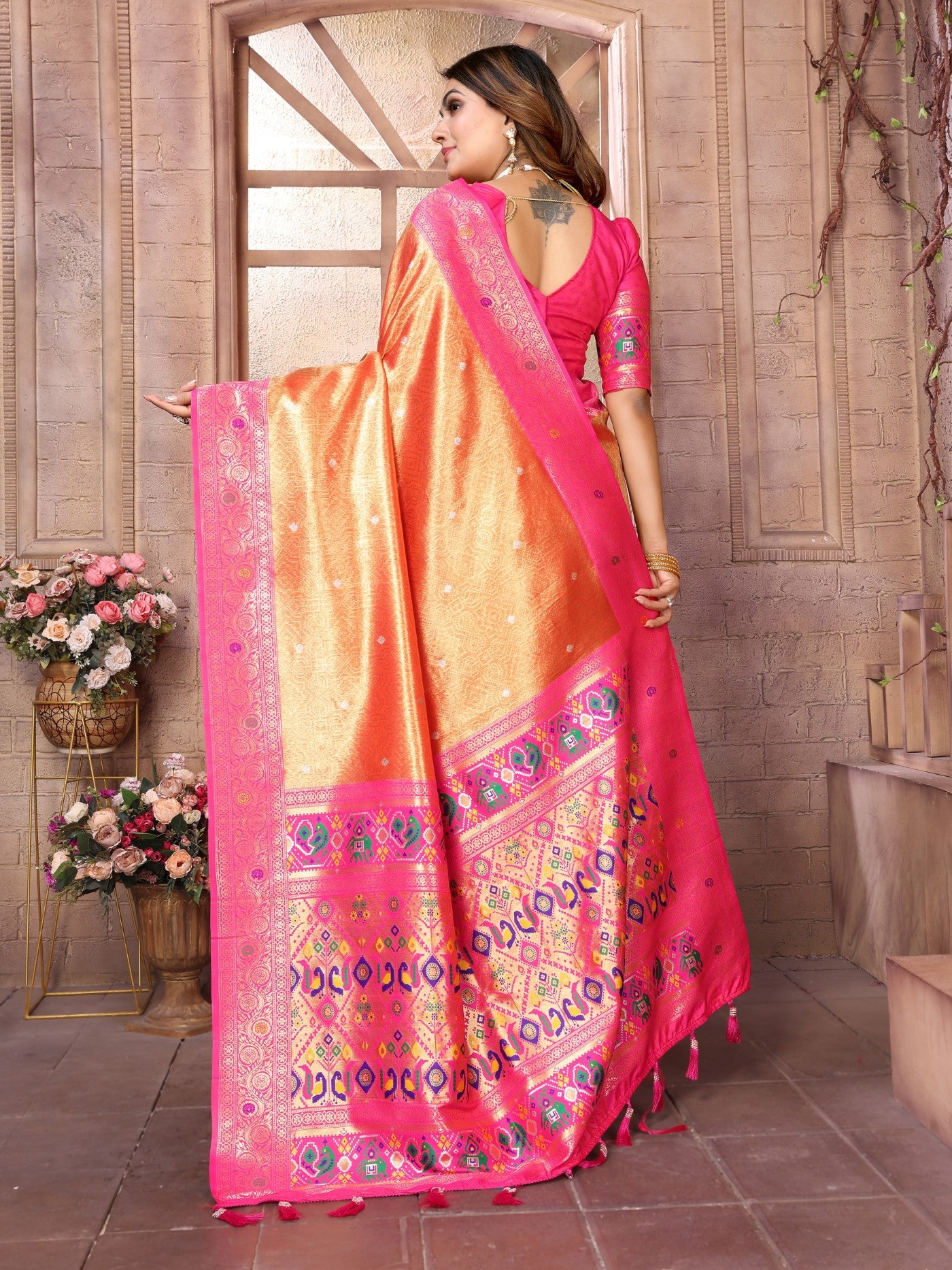 Gold Banarasi Tissue Silk Saree With Traditional Weaving