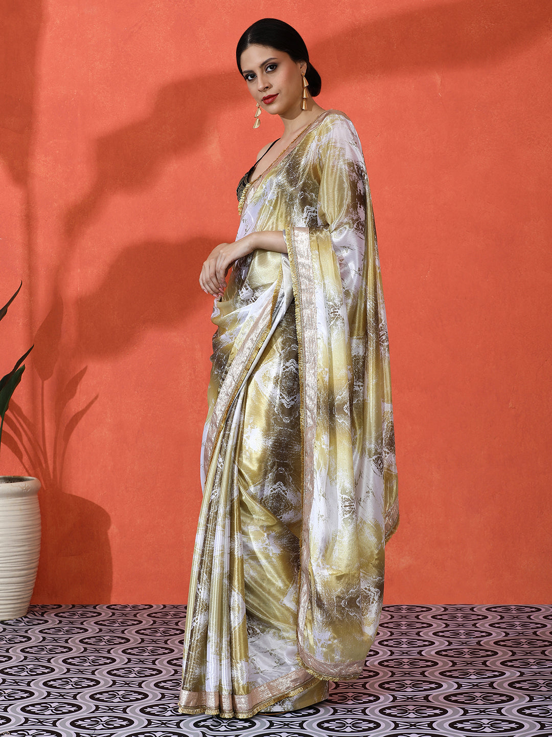 Gold Chinon Designer Digital Printed Saree For Ceremonial Looks