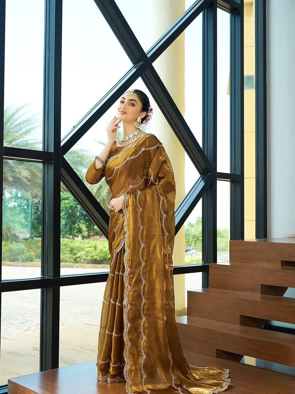 Gold Colour Zimichu Silk Embroidery Work Saree