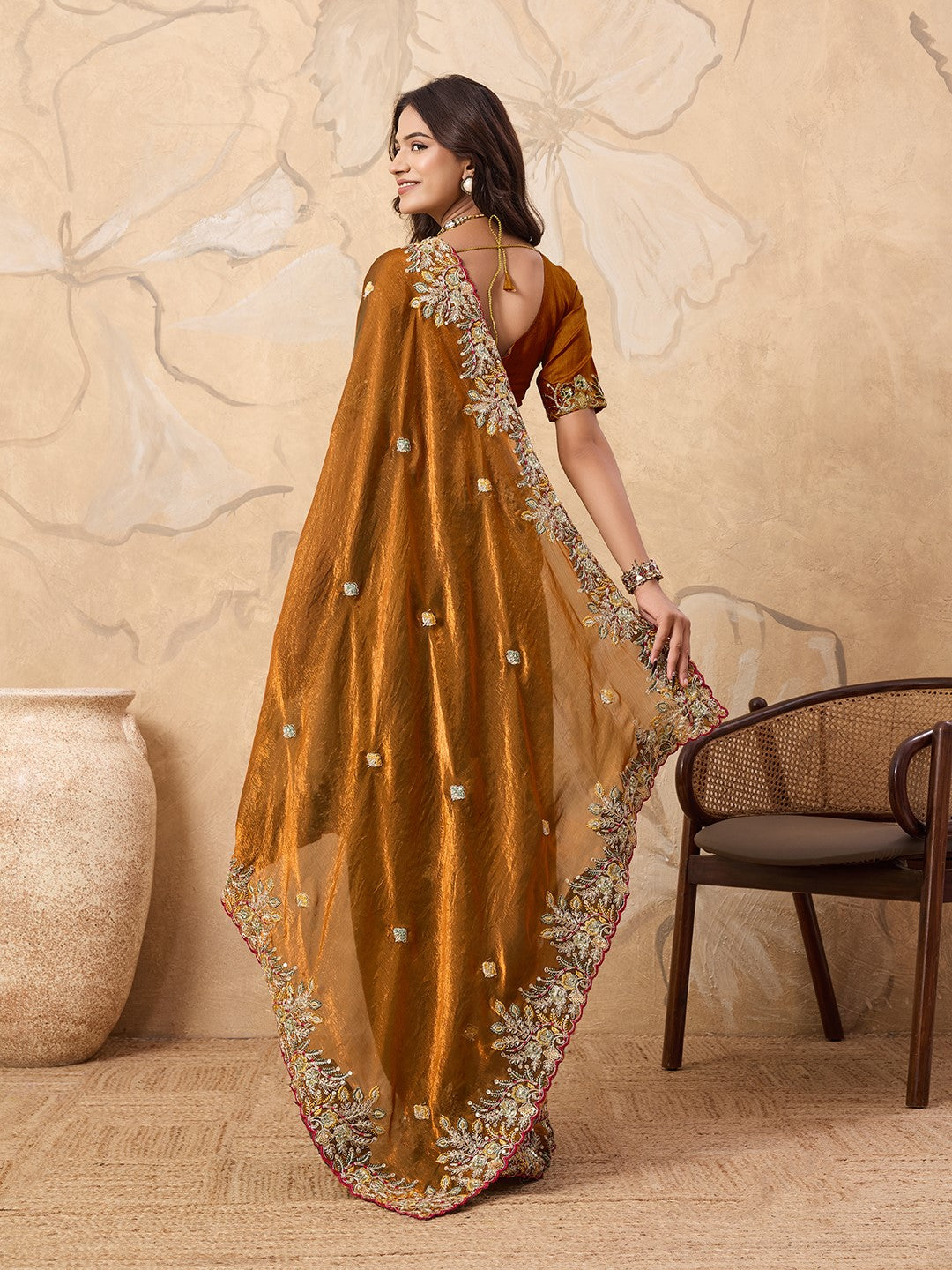 Gold Fendy Chiffon Saree With Premium Embroidery