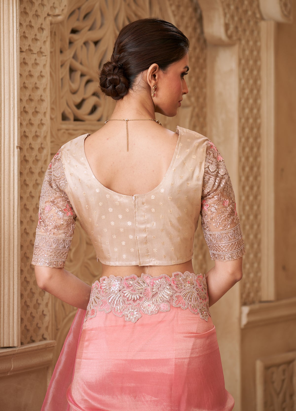 Gold Pink Saree With Heavy Thread Embroidery Sequins Border Work With Embroidery Blouse