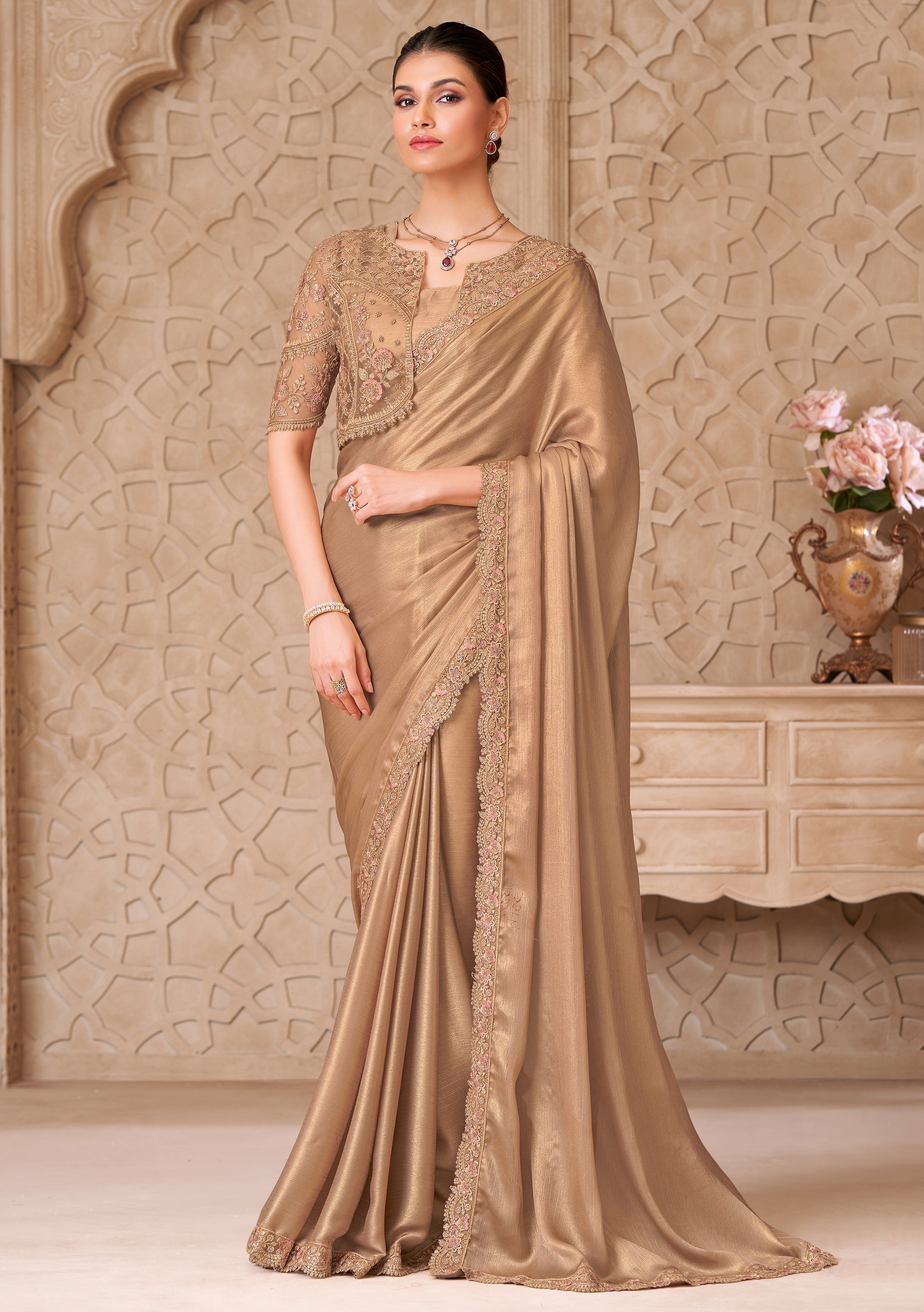 Gold Saree With Heavy Thread Embroidery Sequins Border Work With Embroidery Blouse