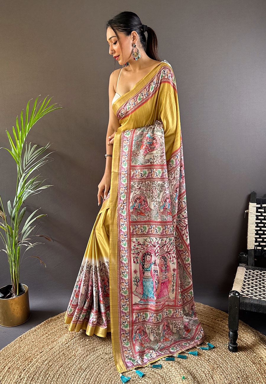 Gold Silk Blend Madhubani Printed Saree