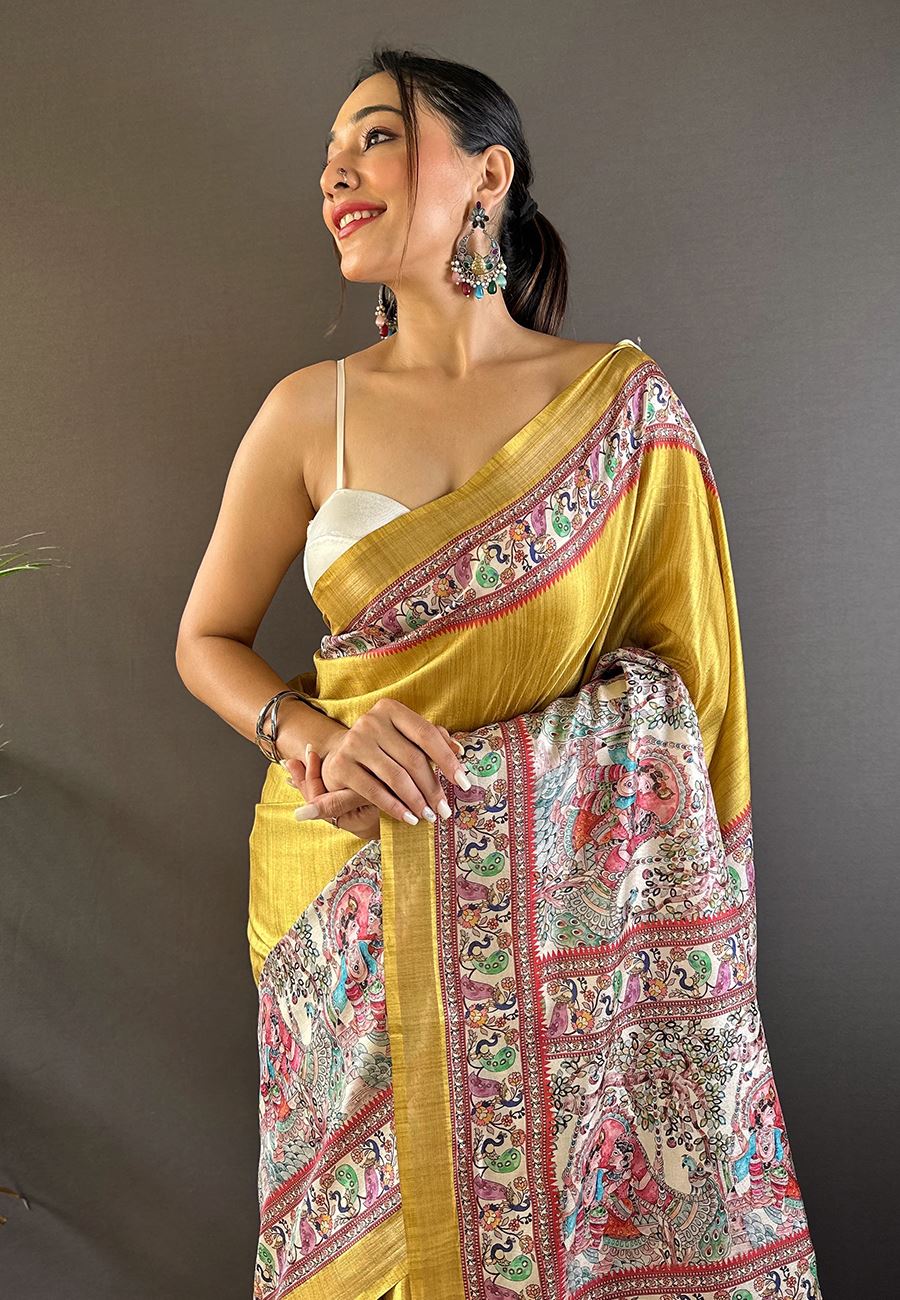 Gold Silk Blend Madhubani Printed Saree