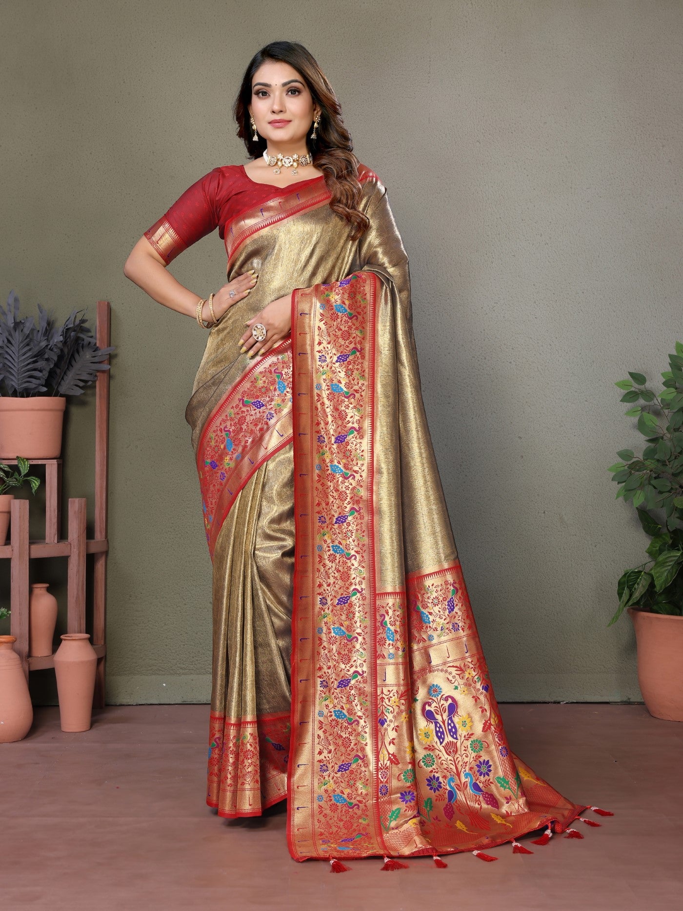 Gold Tissue Silk Saree With Paithani Woven