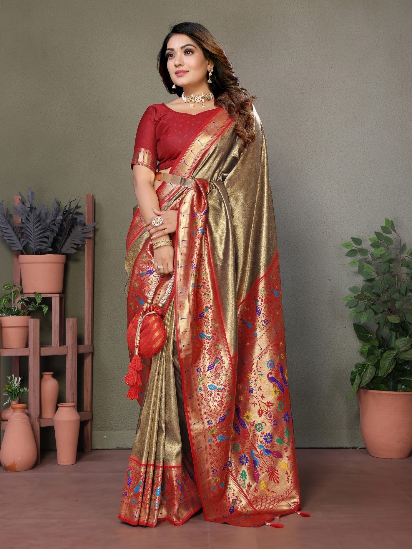 Gold Tissue Silk Saree With Paithani Woven