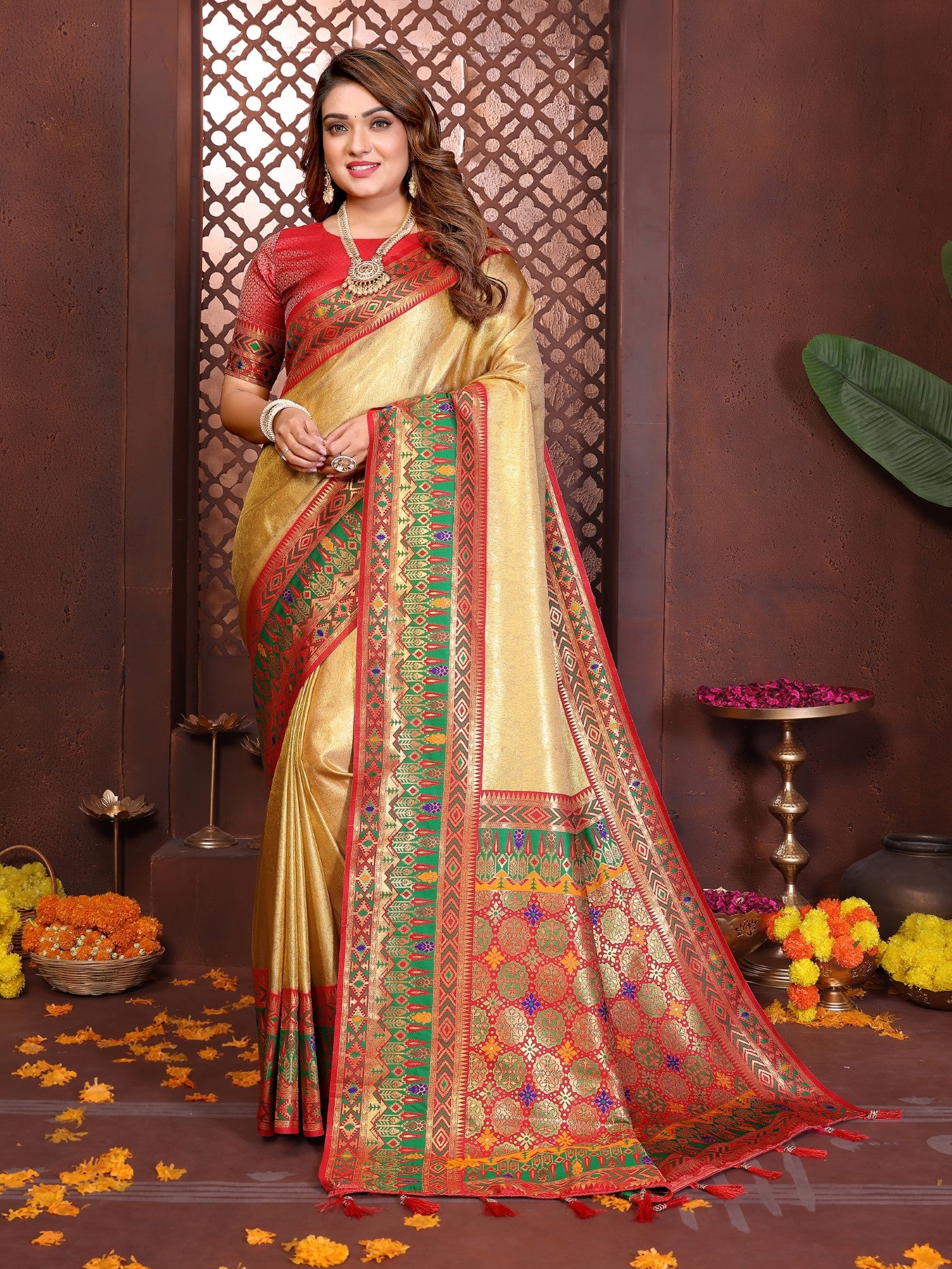 Gold Tissue Silk Saree With Traditional Weaving
