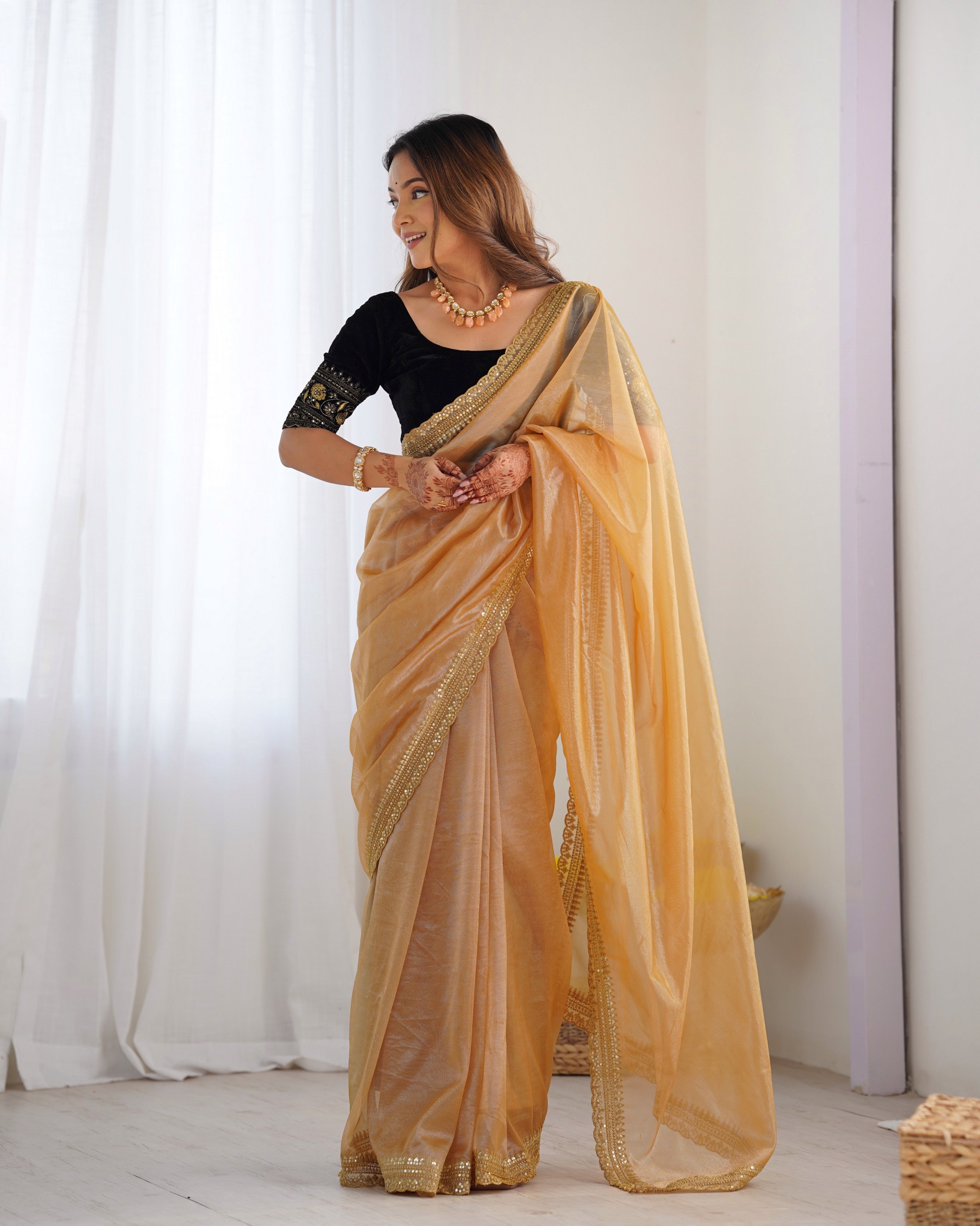 Gold Twill Net Glamorous Bollywood Style Sequins Work Saree