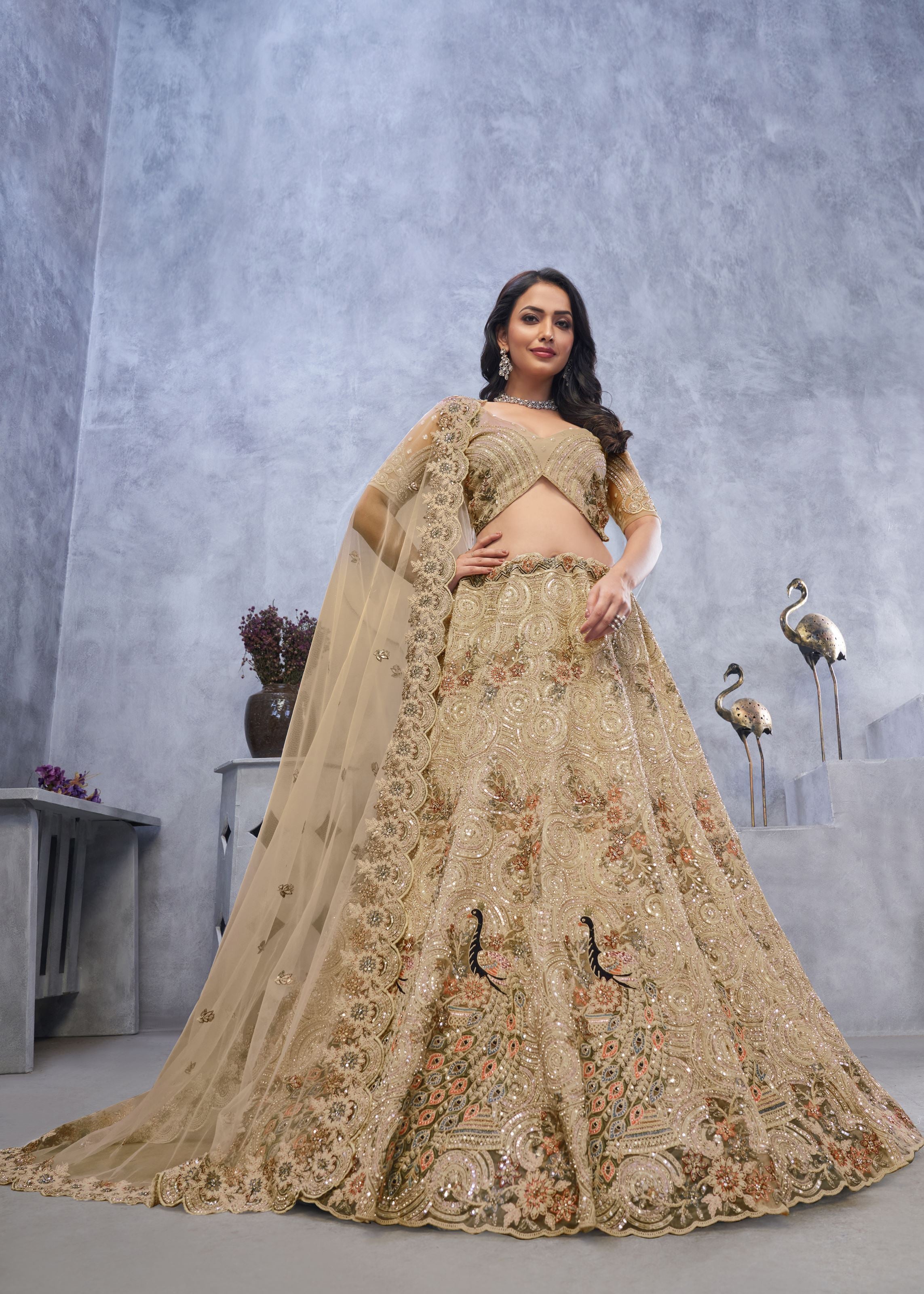 Golden Alluring Bel Butti Pattern Sangeet Lehenga Choli