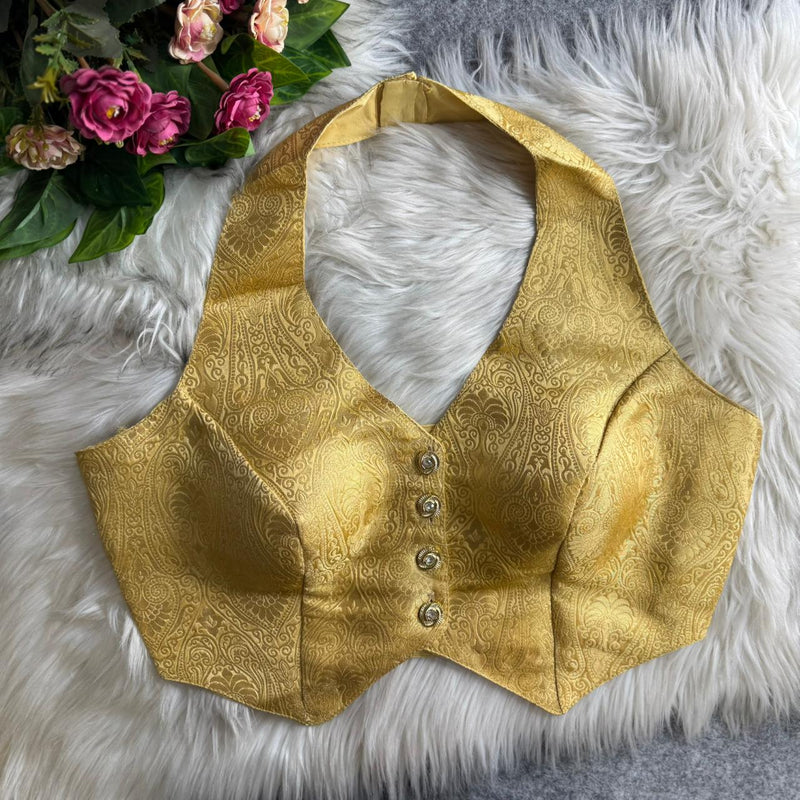 Golden Banarasi Jacquard Silk Halter Neck Blouse with Embroidery & Sequins