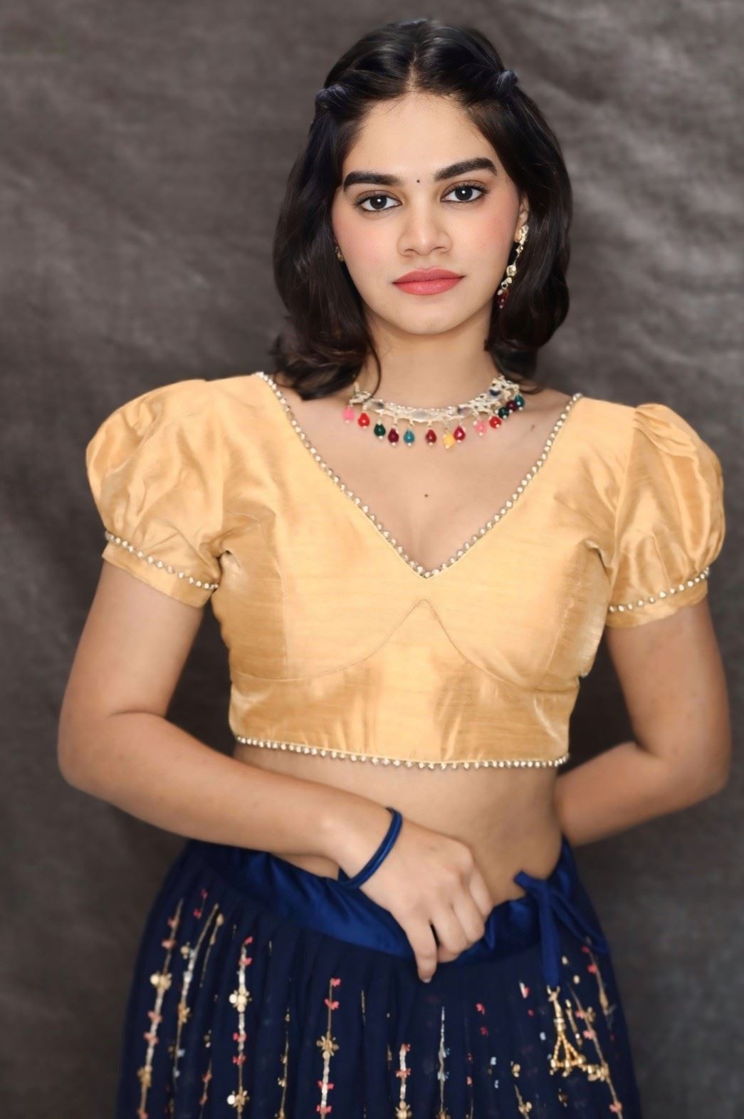 Golden Blouse Puff Sleeves and V Neckline