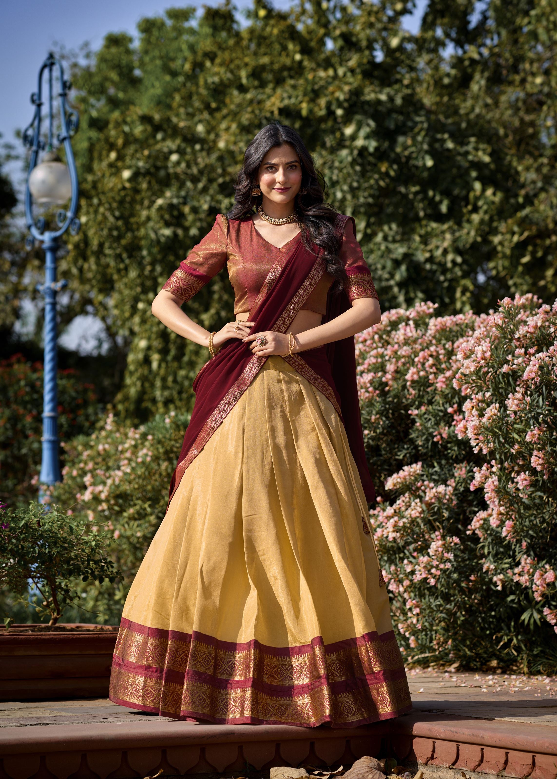 Golden Glow Zari Woven Beige Kanchipuram Lehenga for Festive Grandeur