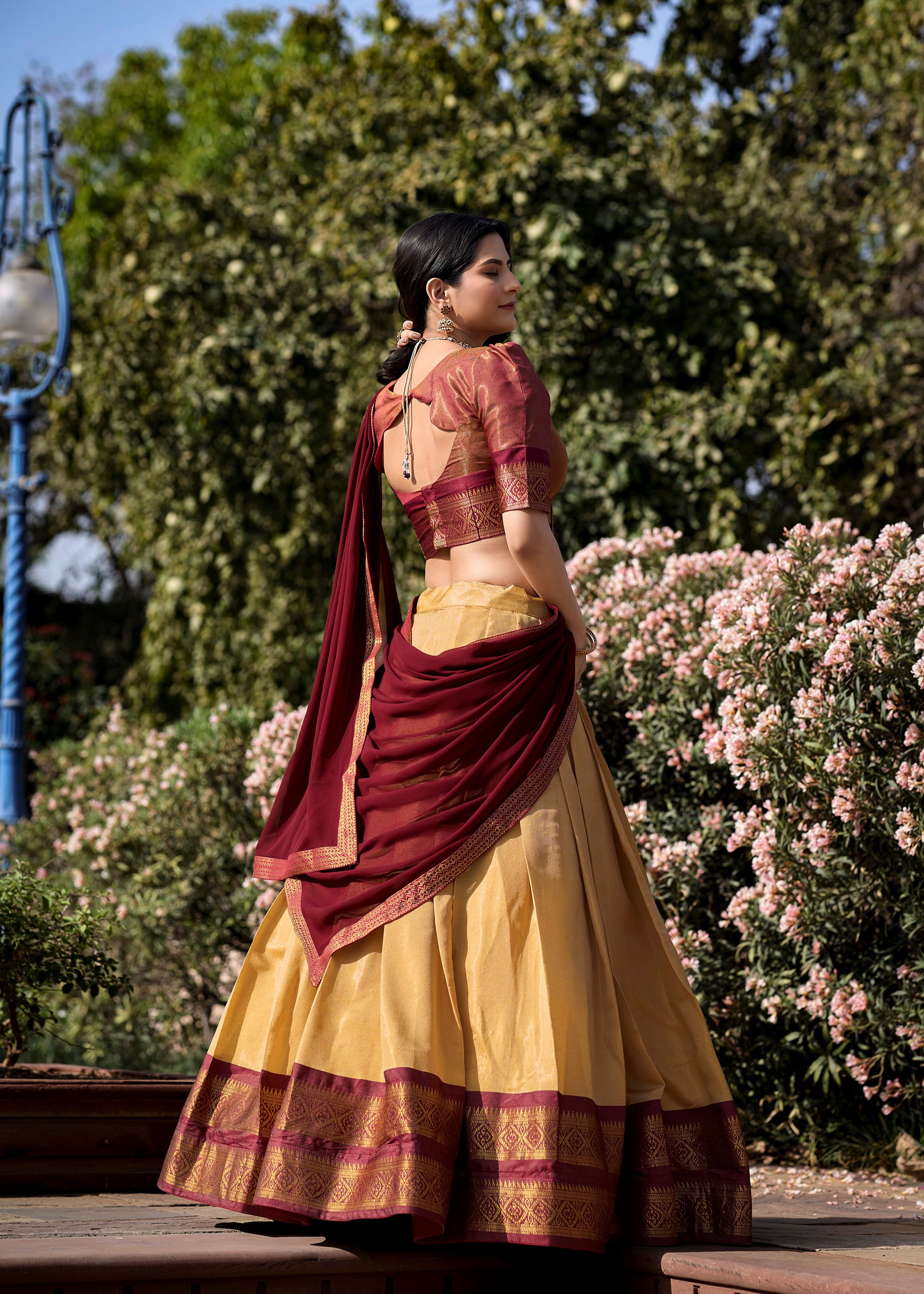 Golden Glow Zari Woven Beige Kanchipuram Lehenga for Festive Grandeur