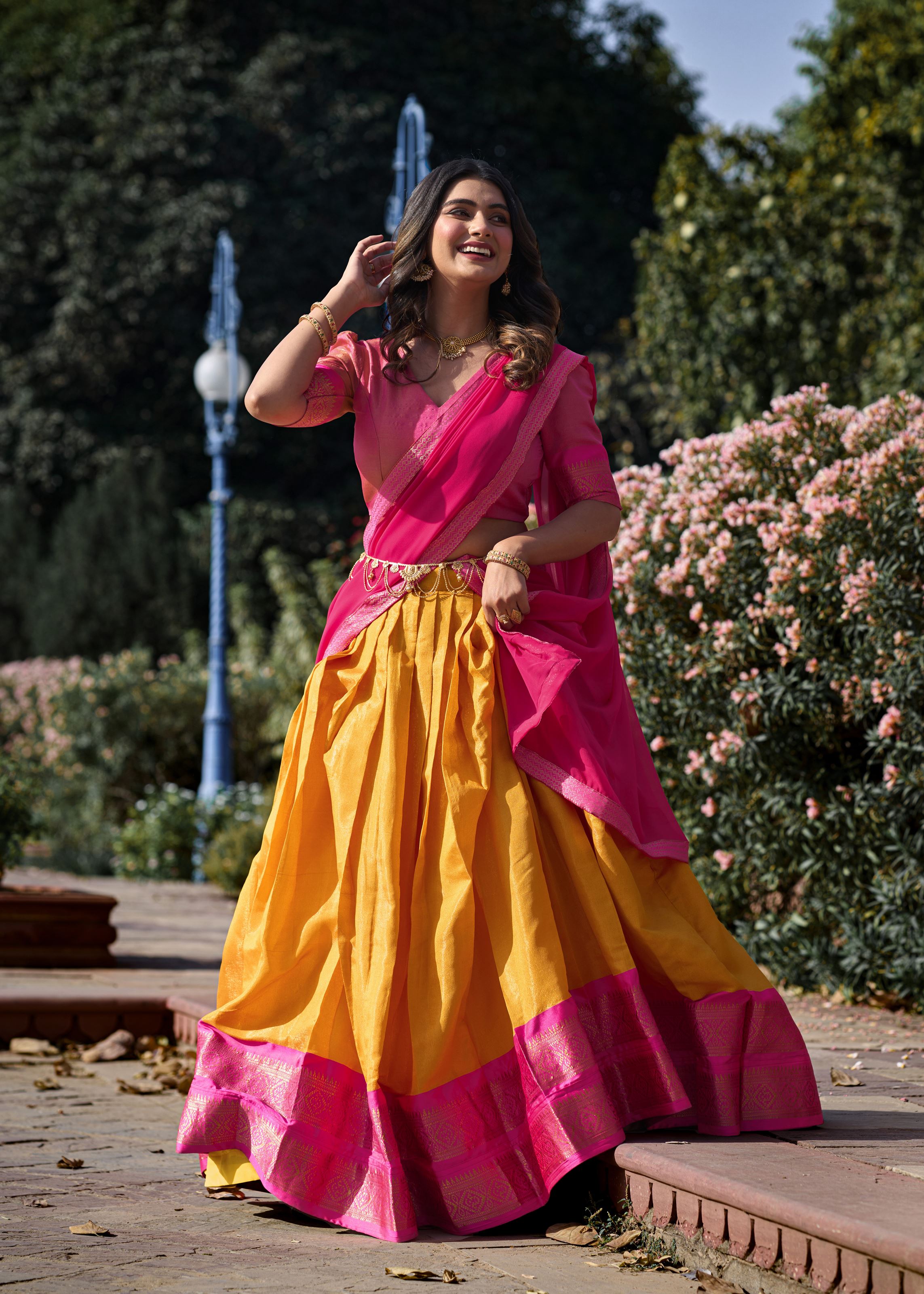 Golden Glow Zari Woven Mustard Kanchipuram Lehenga for Festive Grandeur