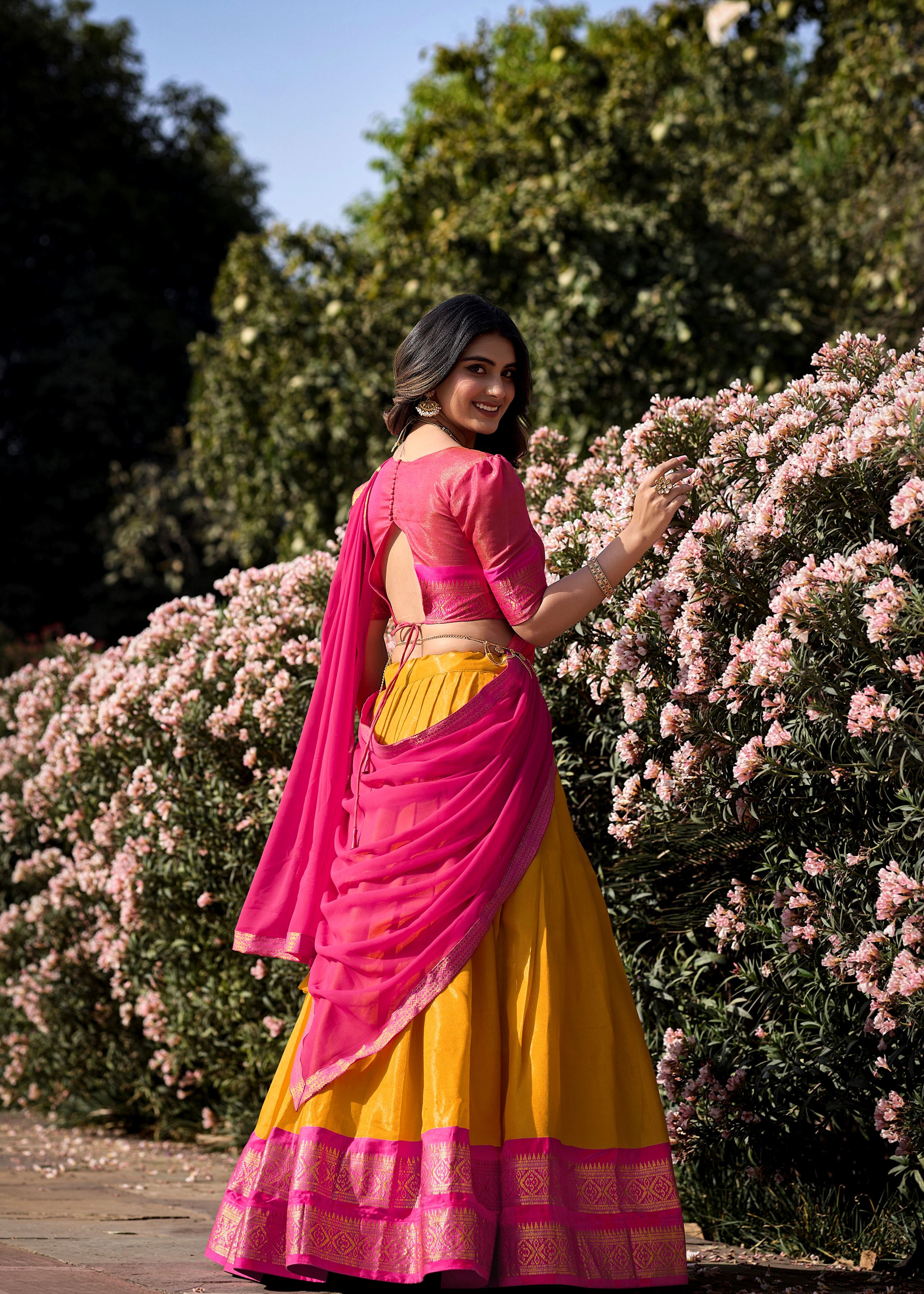 Golden Glow Zari Woven Mustard Kanchipuram Lehenga for Festive Grandeur