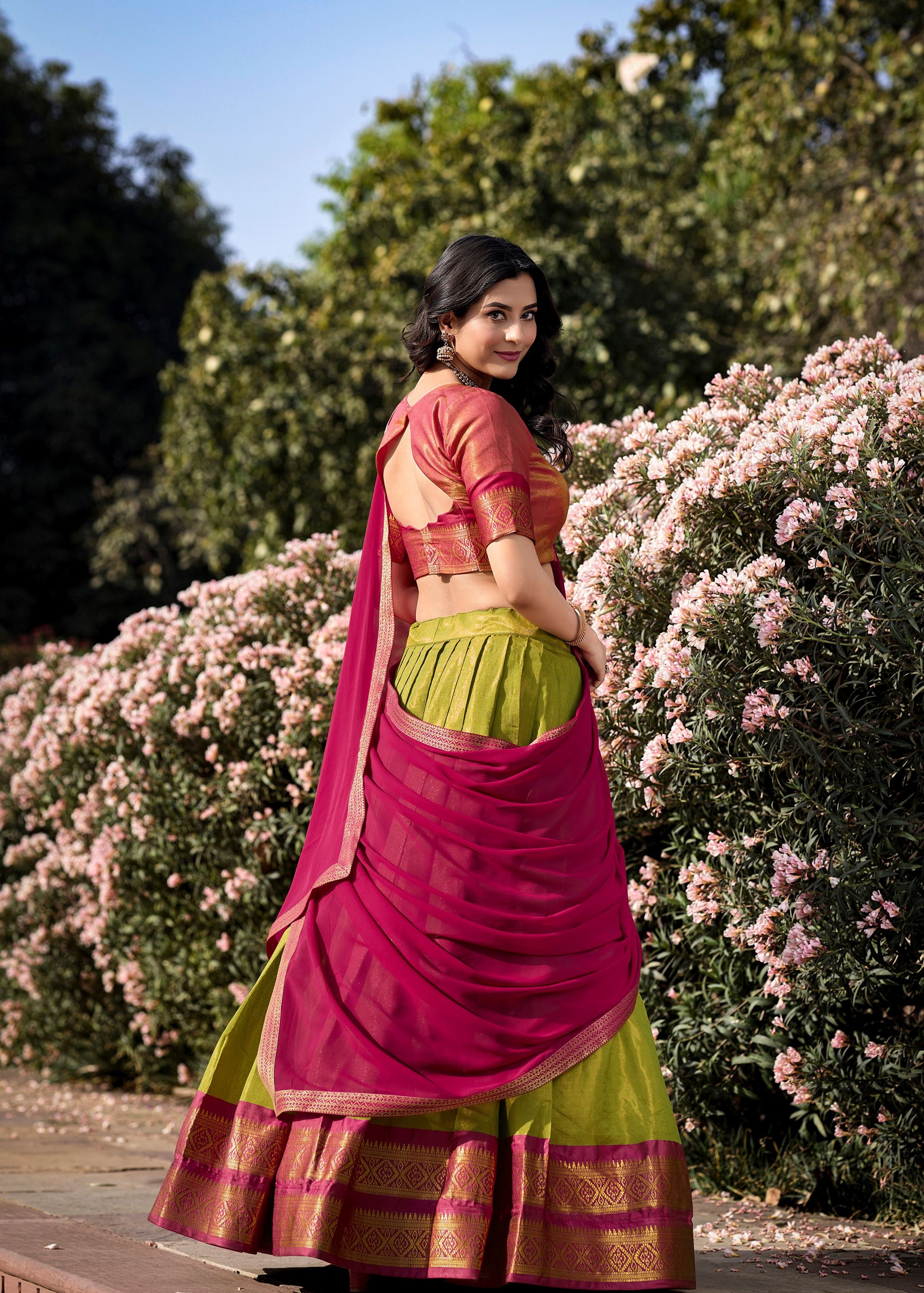 Golden Glow Zari Woven Pista Kanchipuram Lehenga for Festive Grandeur