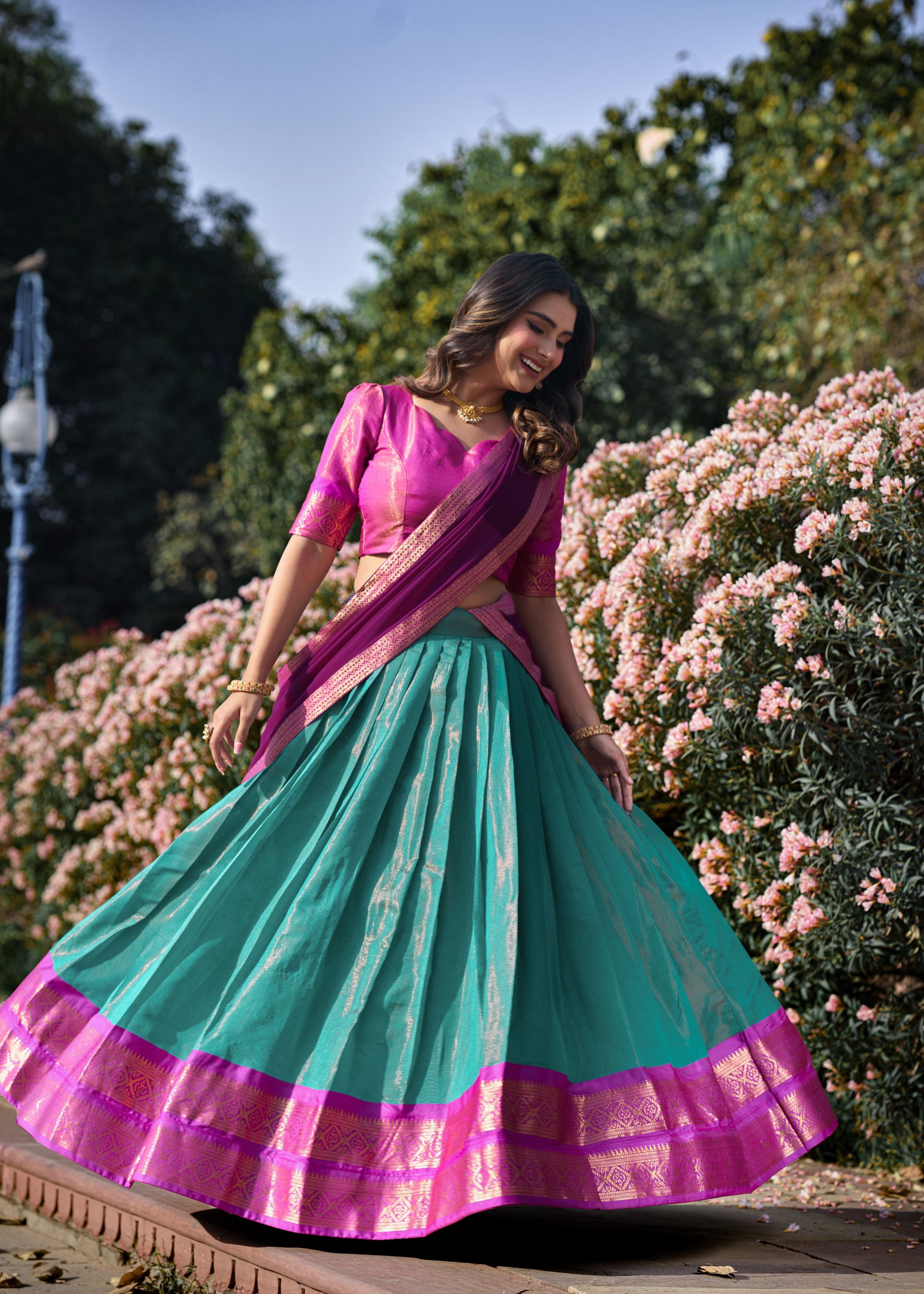 Golden Glow Zari Woven Sky Blue Kanchipuram Lehenga for Festive Grandeur